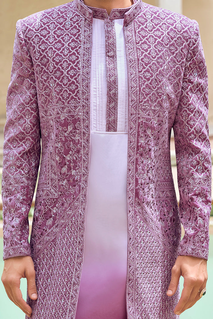 Purple Ombre Velvet Indo Western with Silver Thread Work