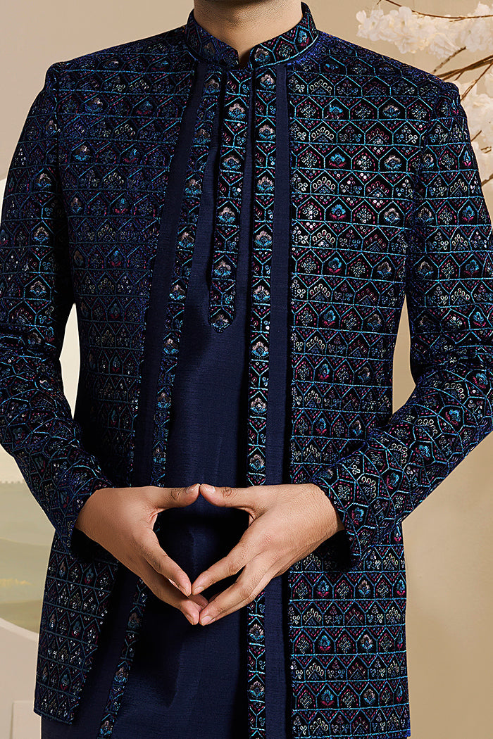 Dark Blue Indowestern Jacket Set With Resham Embroidery