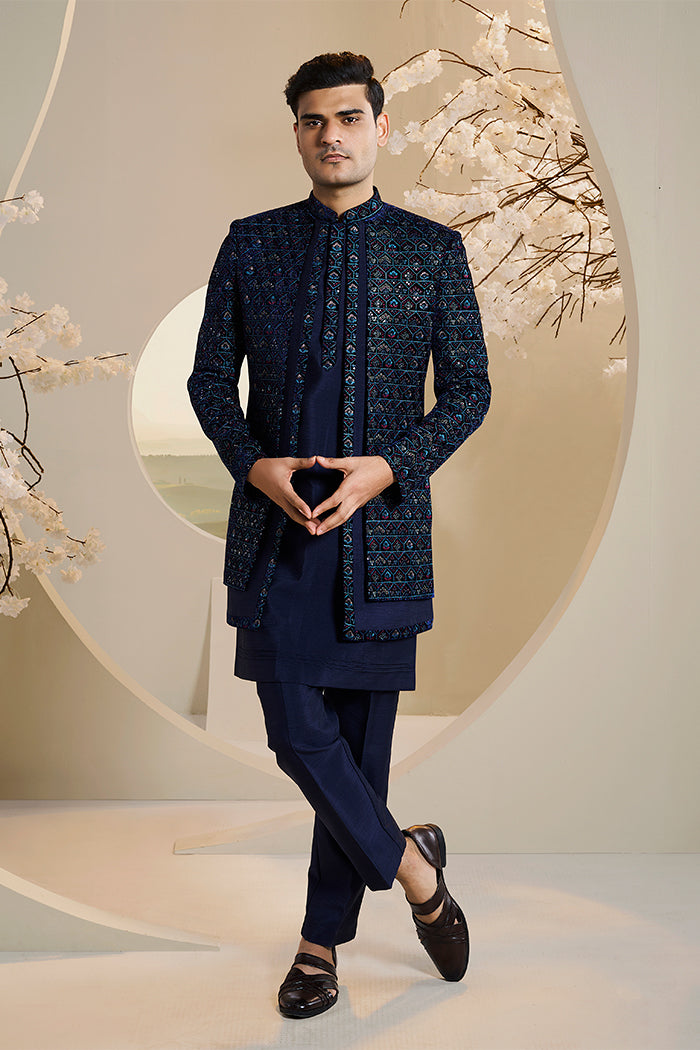 Dark Blue Indowestern Jacket Set With Resham Embroidery