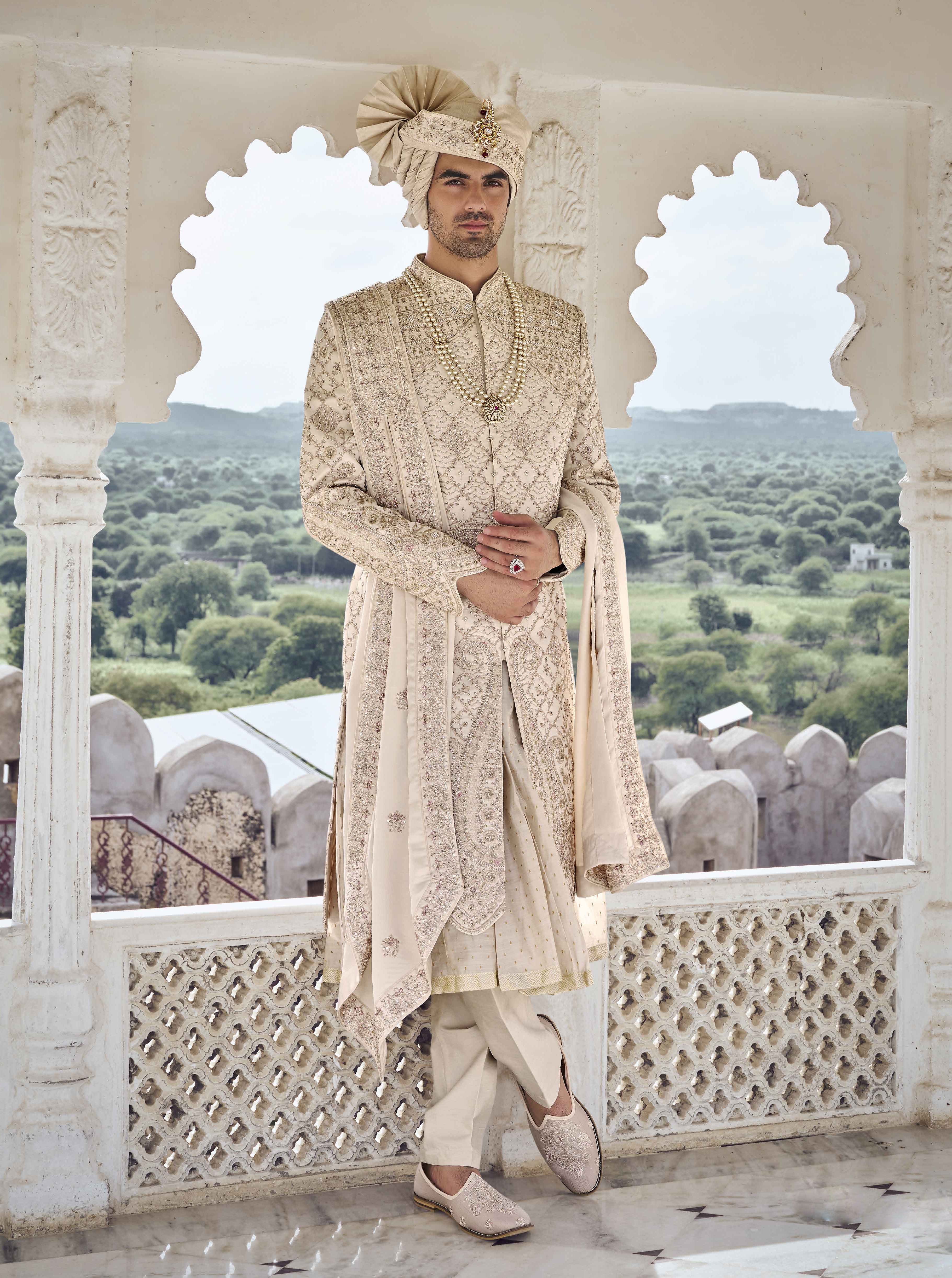 Beige Raw Silk Sherwani with Thread & Aari Work