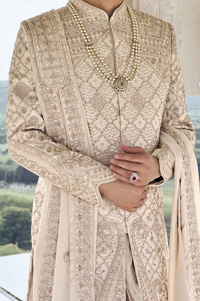 Beige Raw Silk Sherwani with Thread & Aari Work