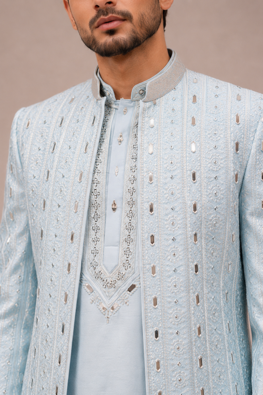 Sky Blue Silk Indo Western for Men with Mirror, Machine and Hand Work