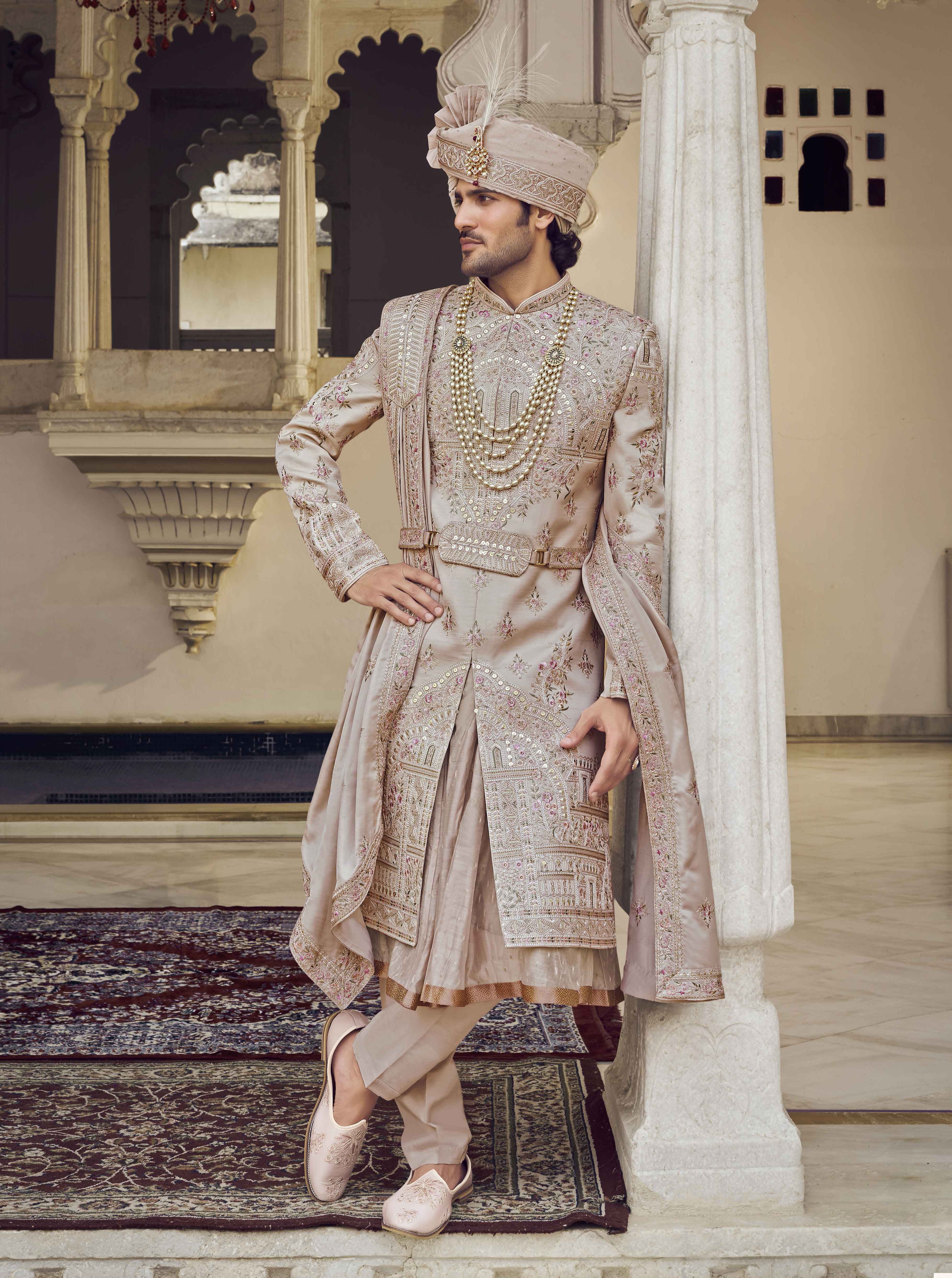 Dark Beige Raw Silk Sherwani with Zardosi & Khaat Work