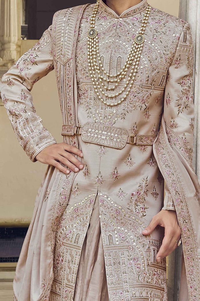 Dark Beige Raw Silk Sherwani with Zardosi & Khaat Work