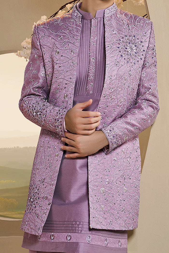 Lilac Indo-Western Jacket Set With Motifs