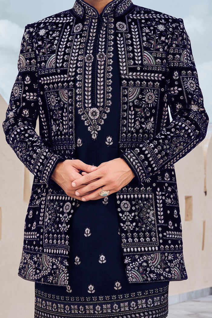 Navy Blue Velvet Indo Western with Resham & Cut Dana Work