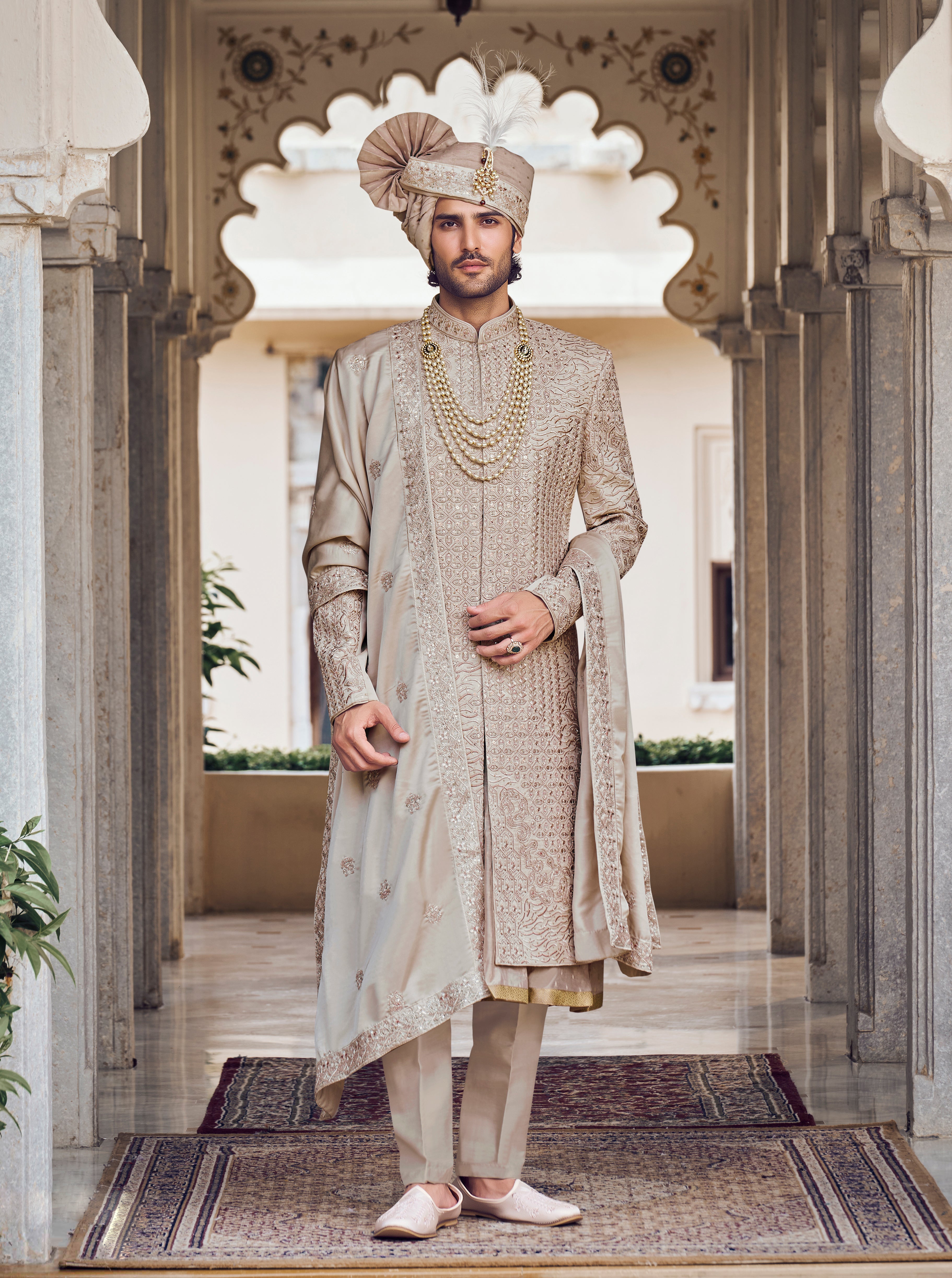 Beige Sherwani with Thread Work, Aari and Pearl Work