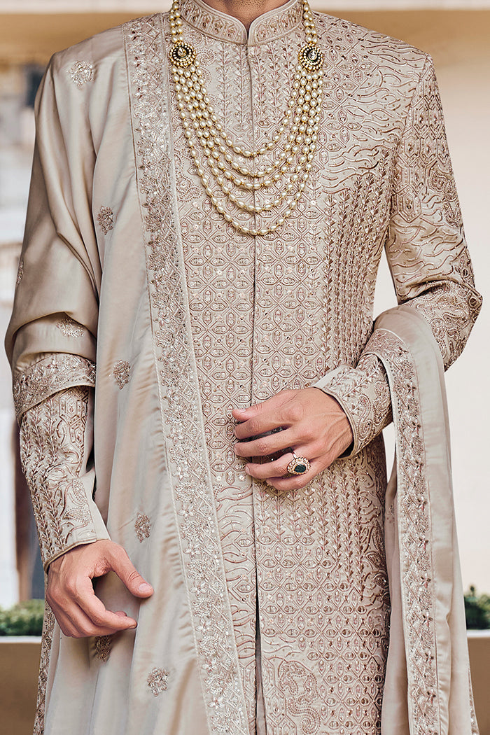 Beige Sherwani with Thread Work, Aari and Pearl Work