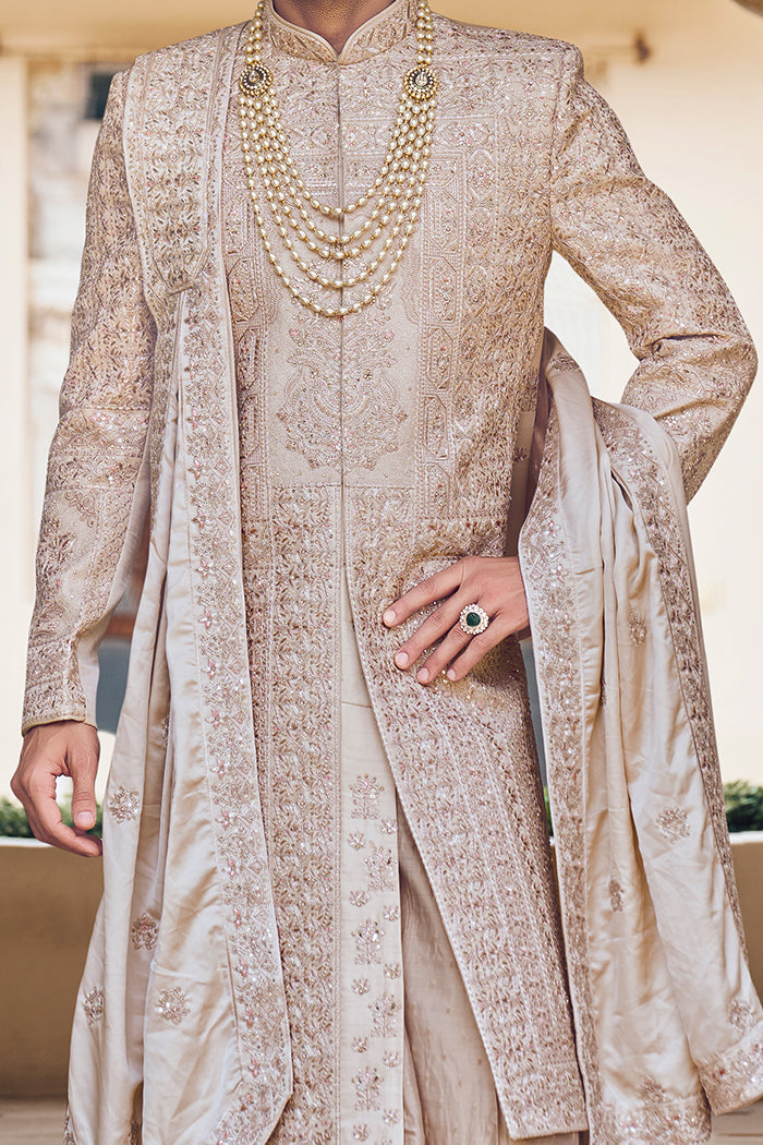 Beige Raw Silk Sherwani with Thread and Aari Embroidery