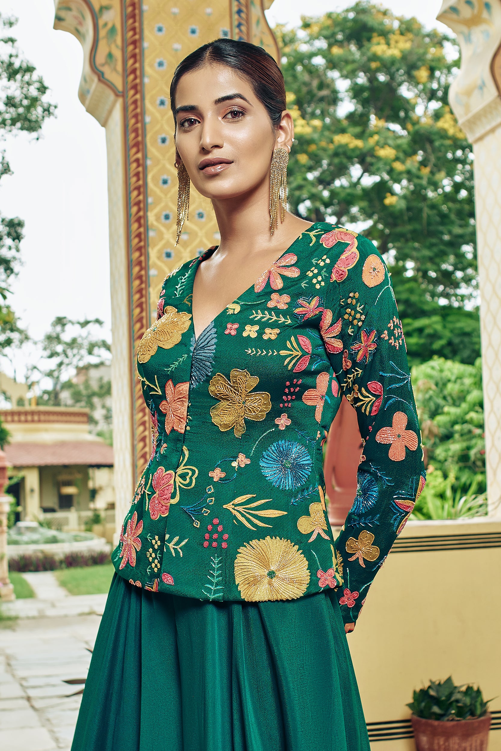 Dark Green Floral Short Jacket Set - Shreeman