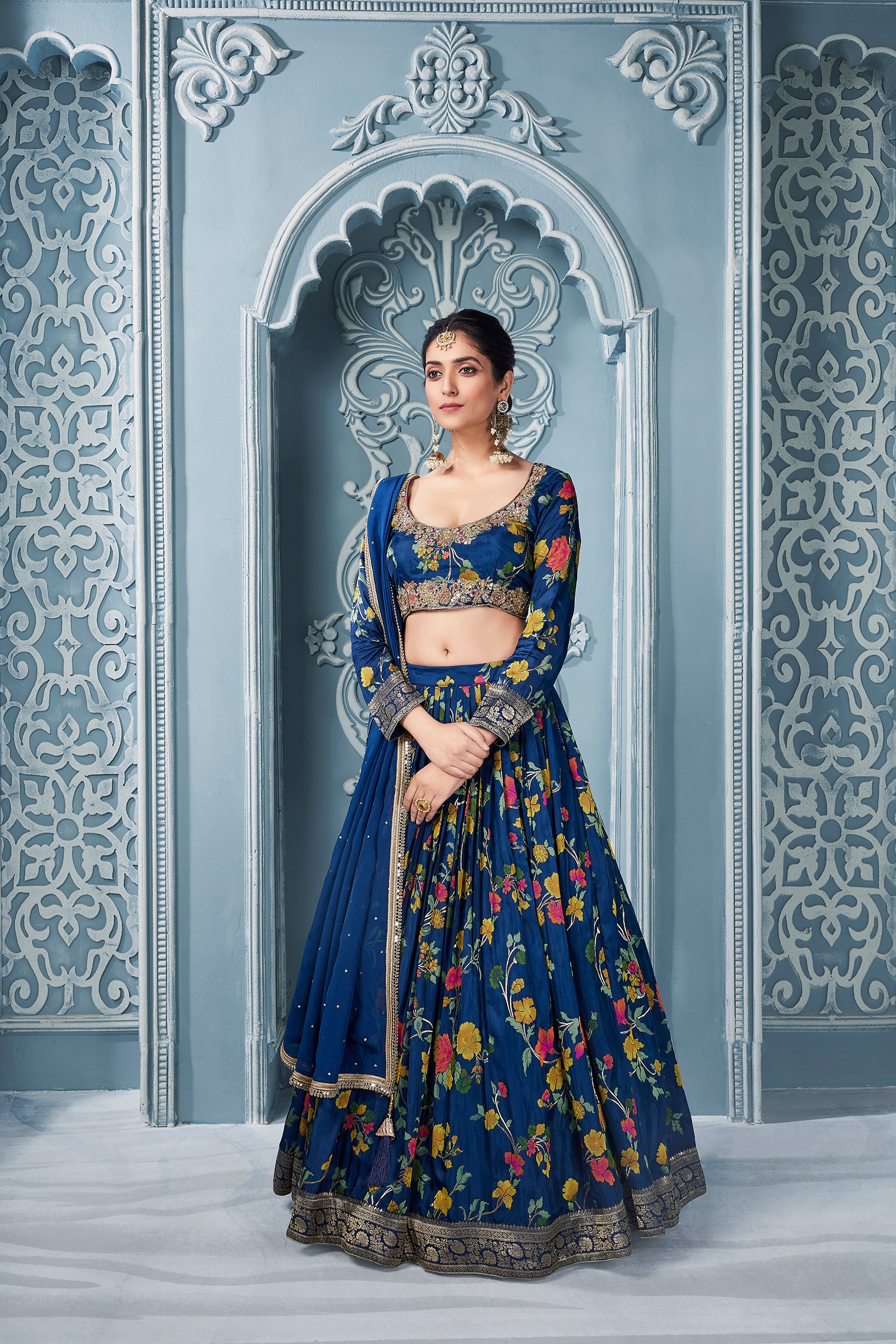 Dark Blue Lehenga Choli with Floral Embroidery Work - Shreeman