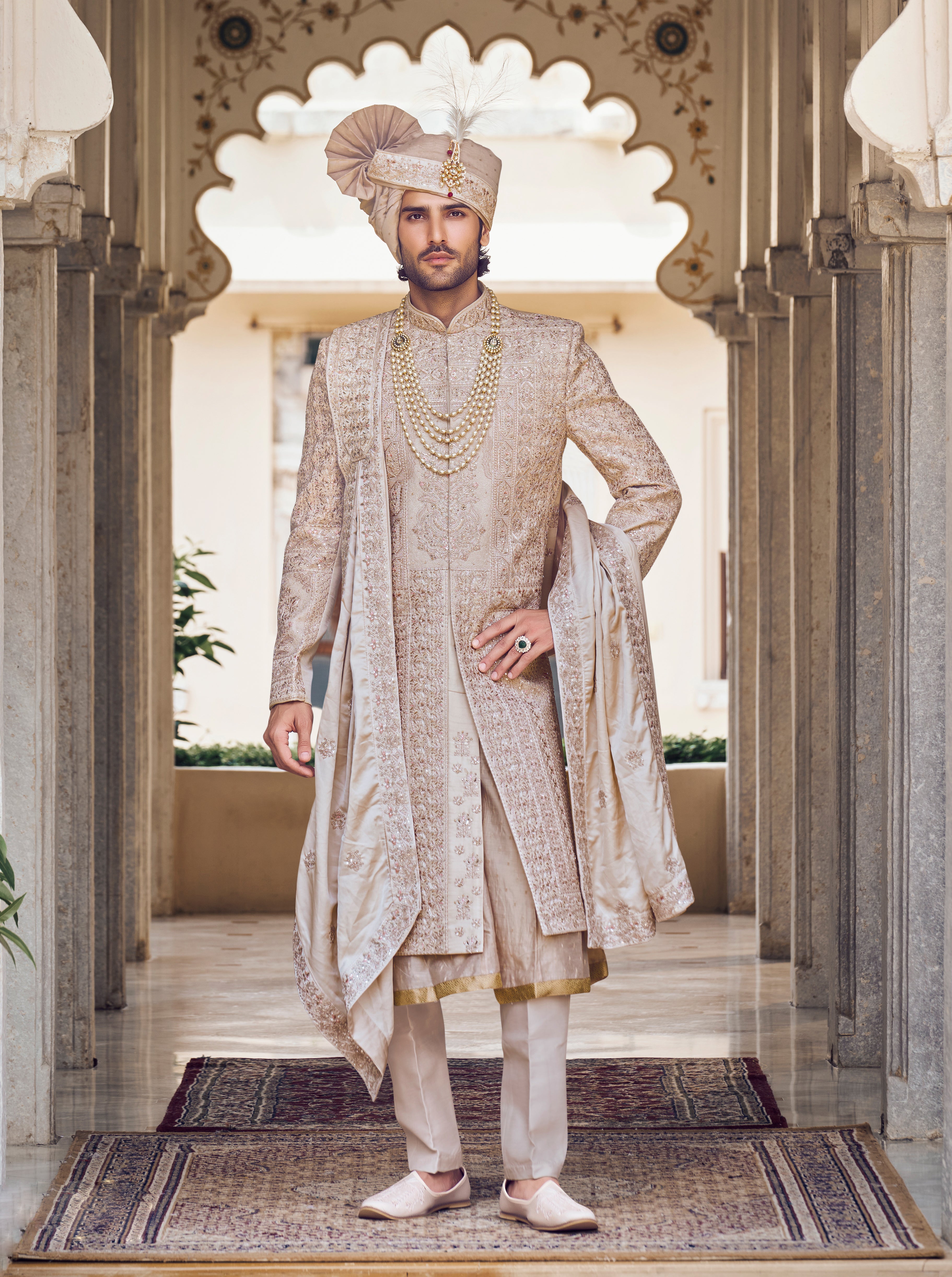 Beige Raw Silk Sherwani with Thread and Aari Embroidery