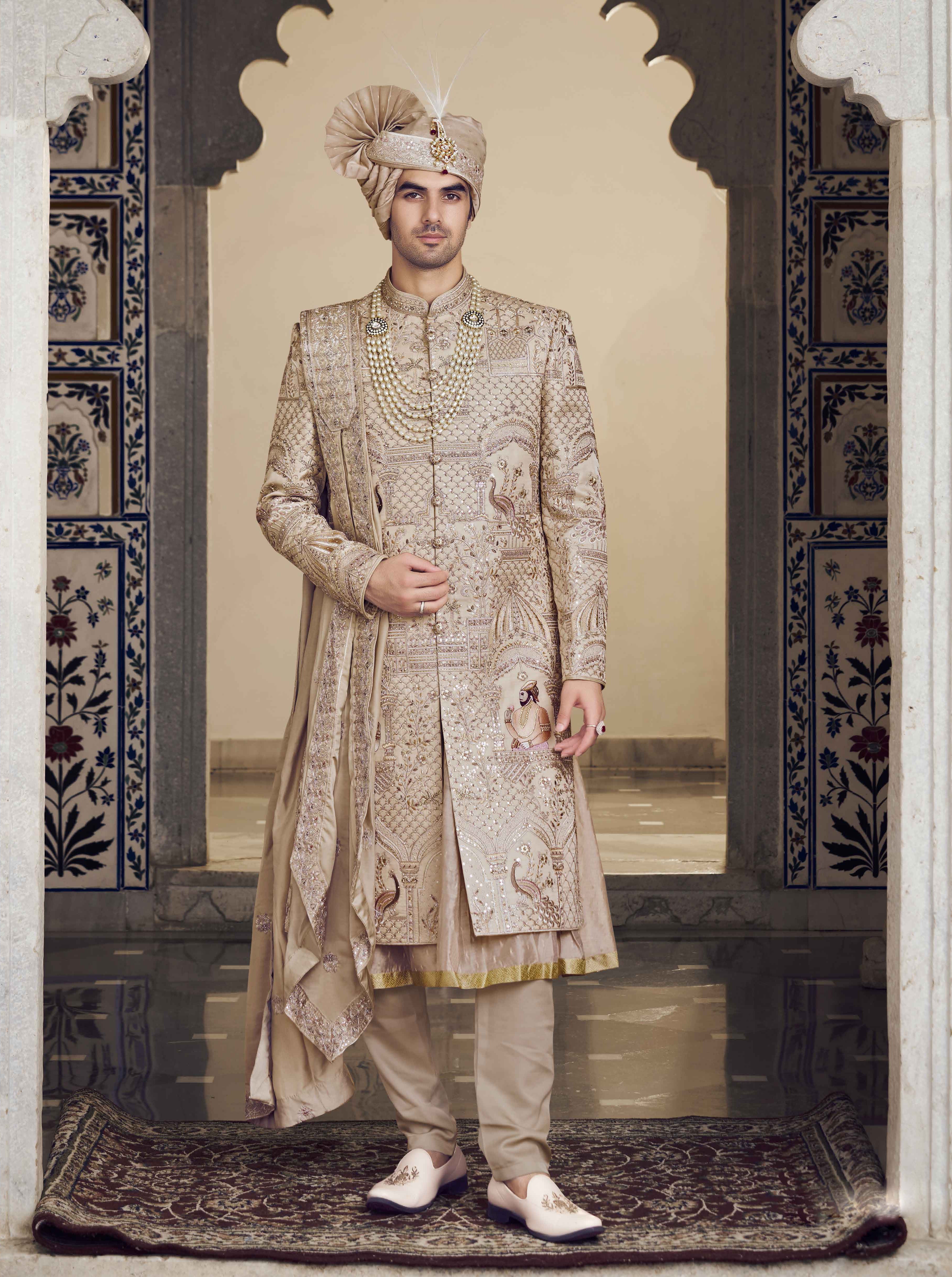 Beige Sherwani with Thread Work, Aari & Zardosi Work