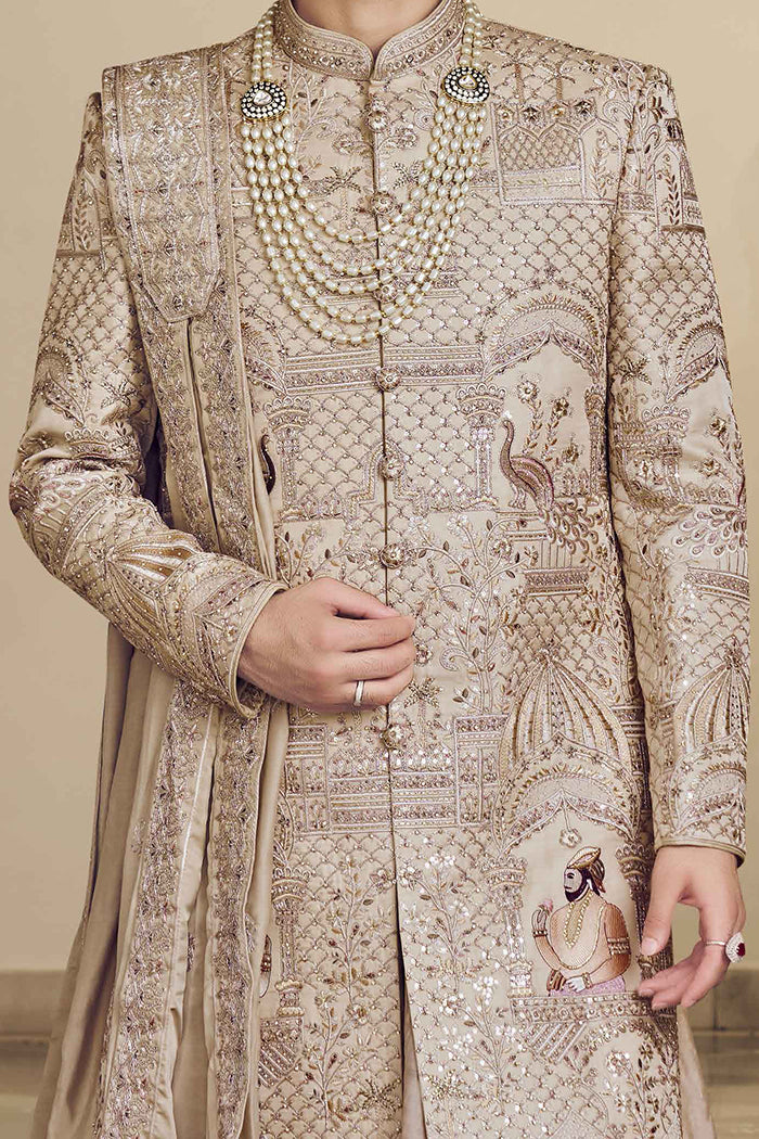 Beige Sherwani with Thread Work, Aari & Zardosi Work