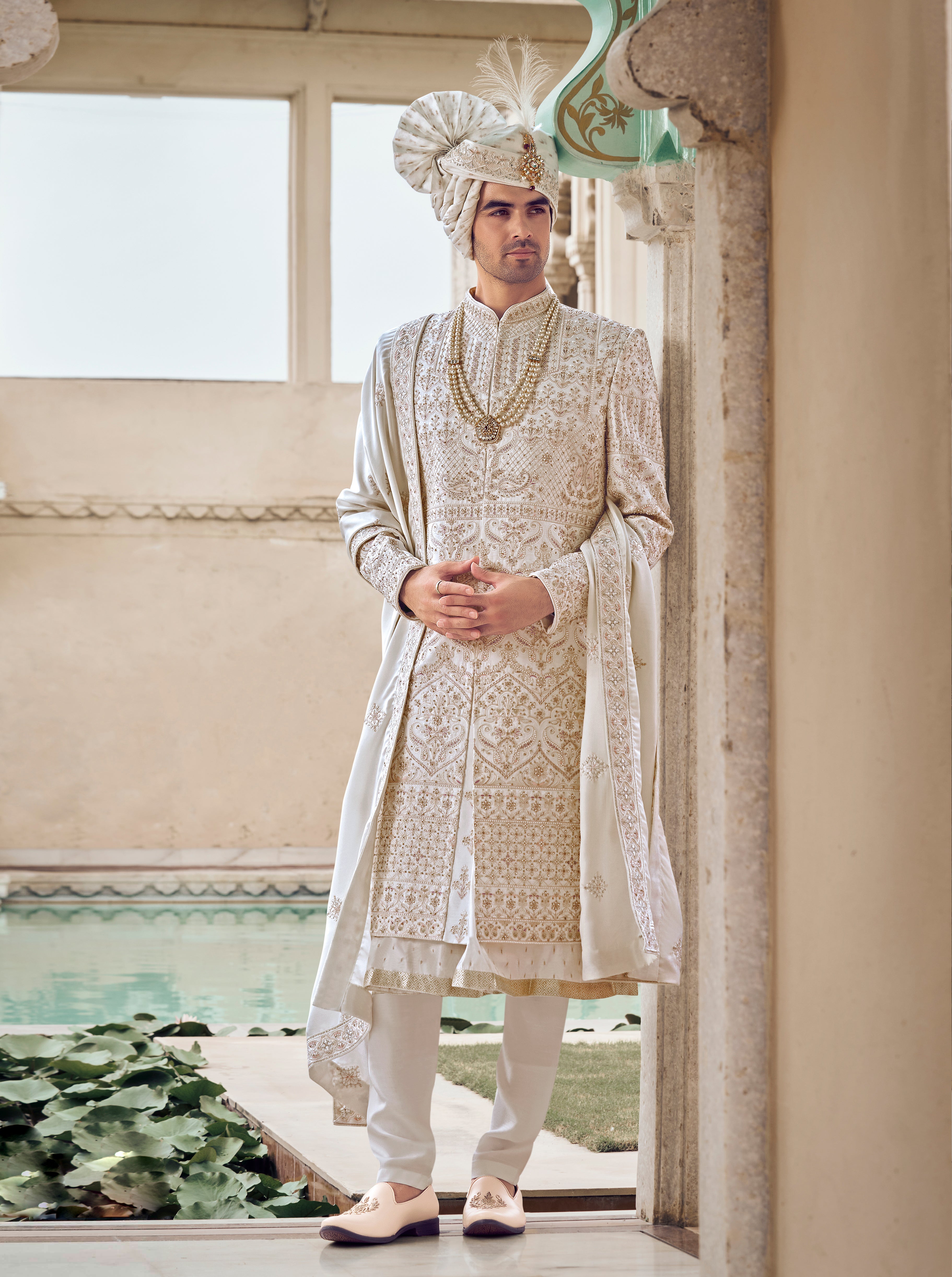 Ivory Sherwani with Thread Work, Aari & Pearl Work