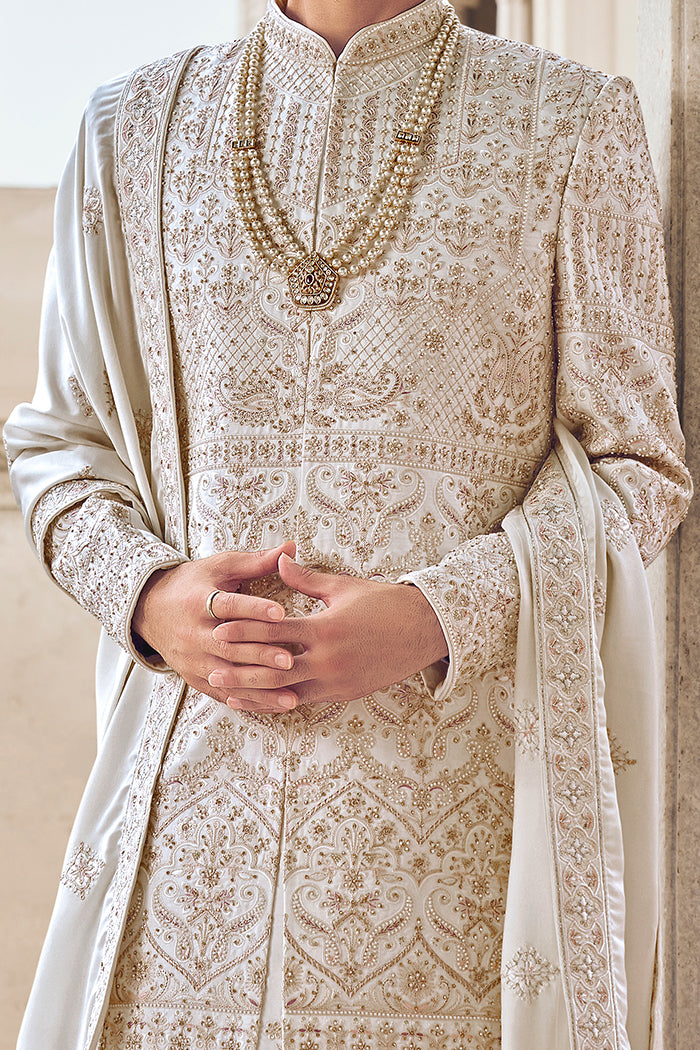 Ivory Sherwani with Thread Work, Aari & Pearl Work