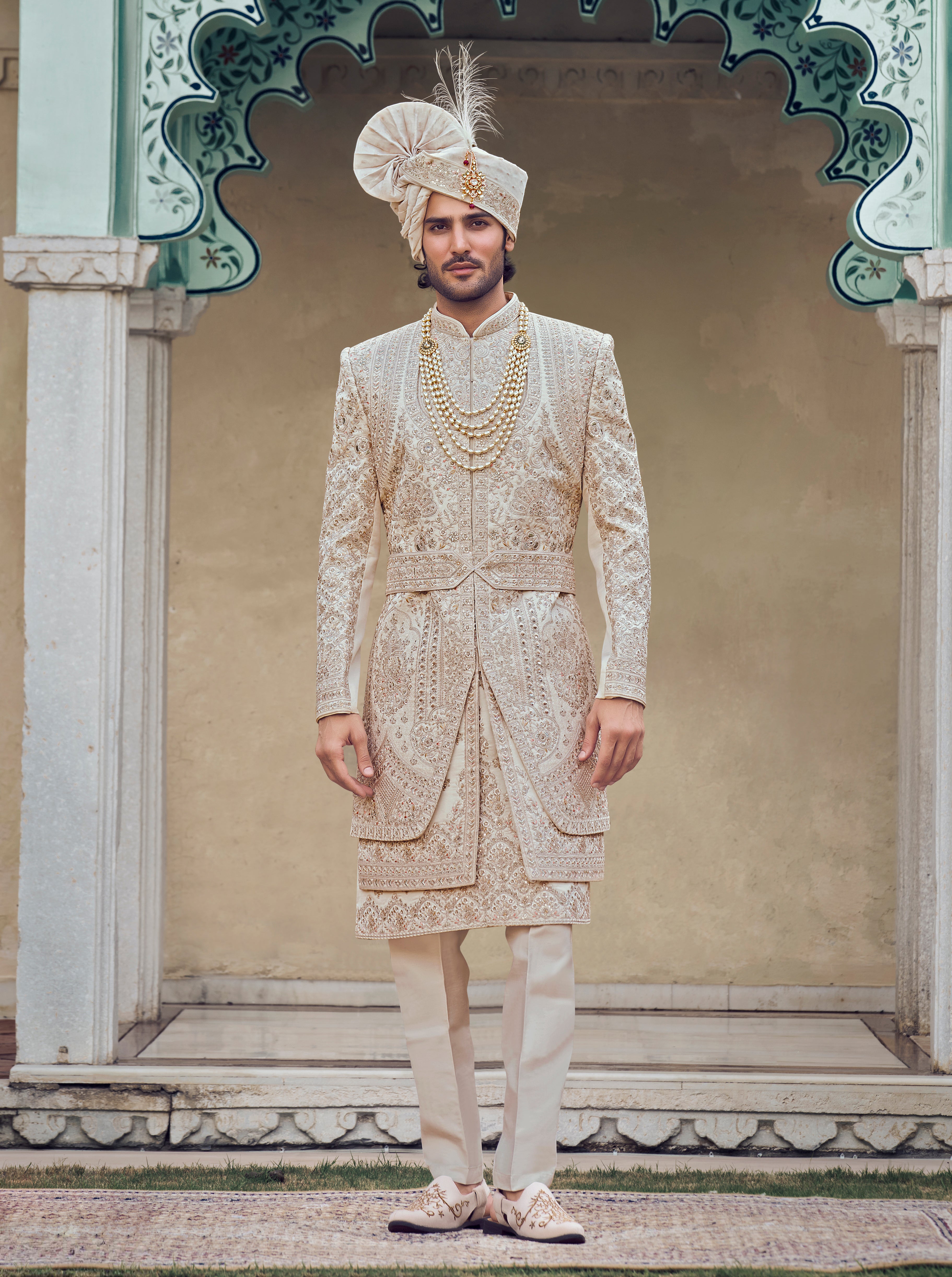 Beige Sherwani with Aari Work & Sequence Work