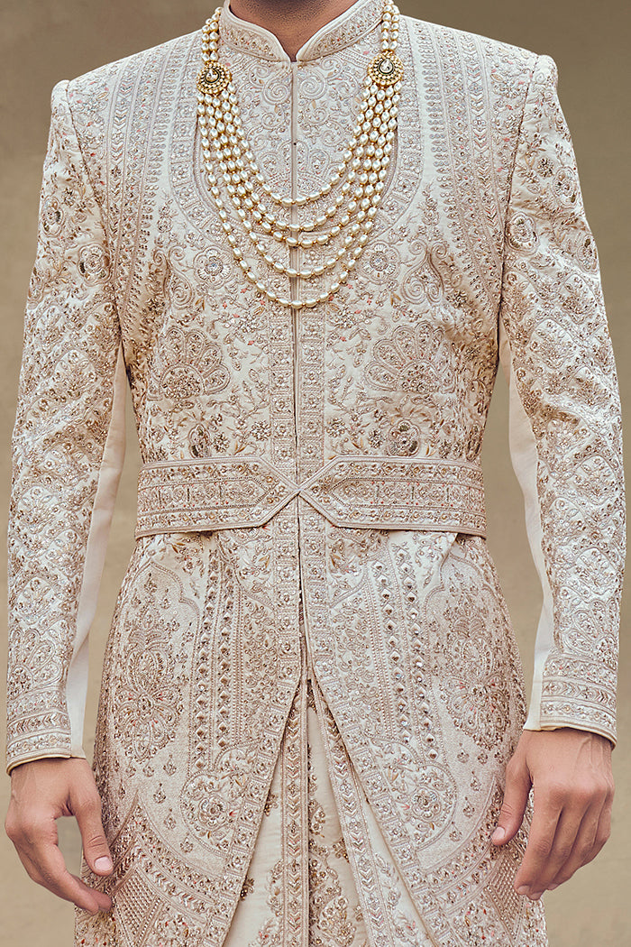 Beige Sherwani with Aari Work & Sequence Work