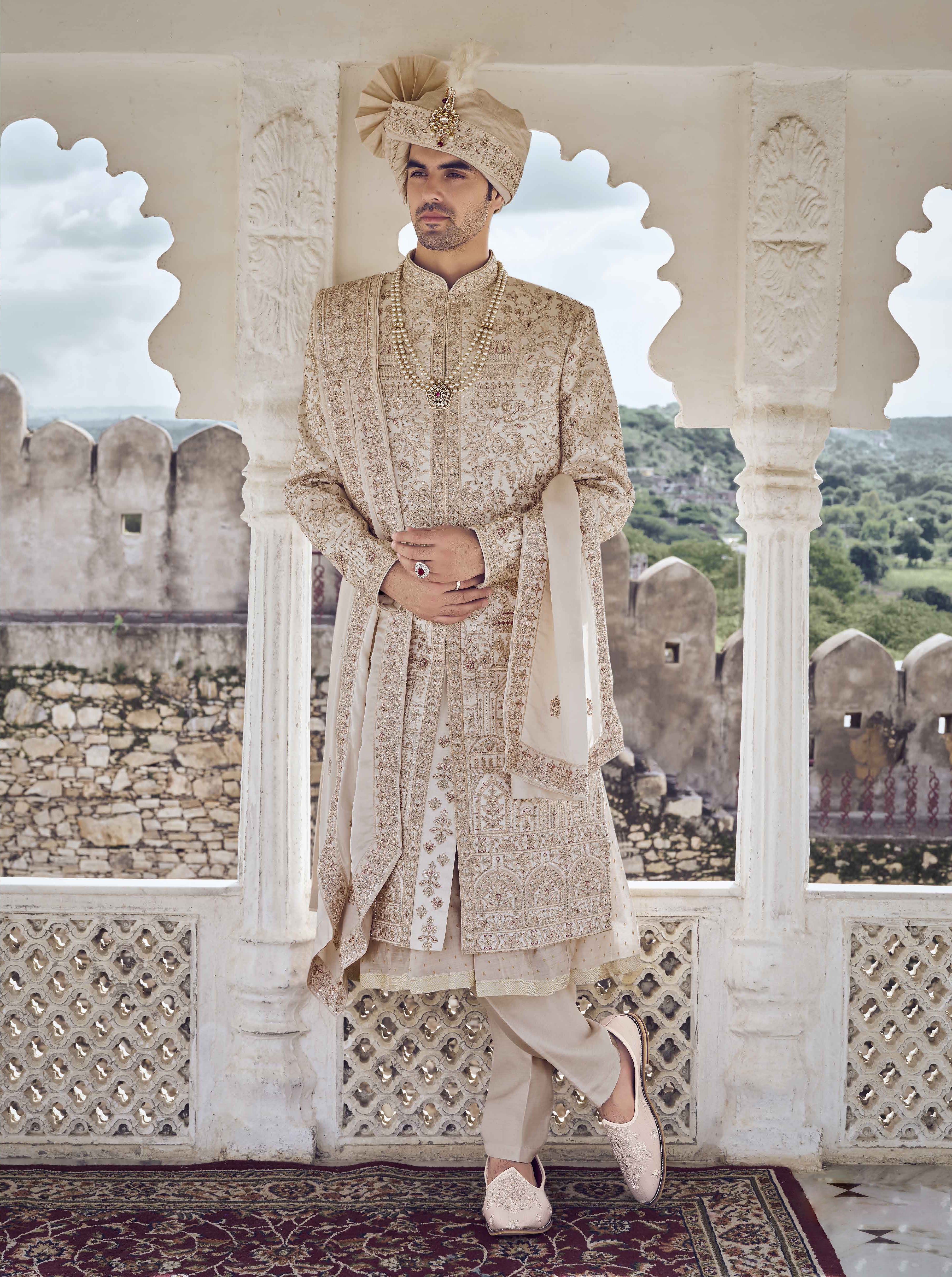 Ivory Sherwani with Aari Work & Sequence Work