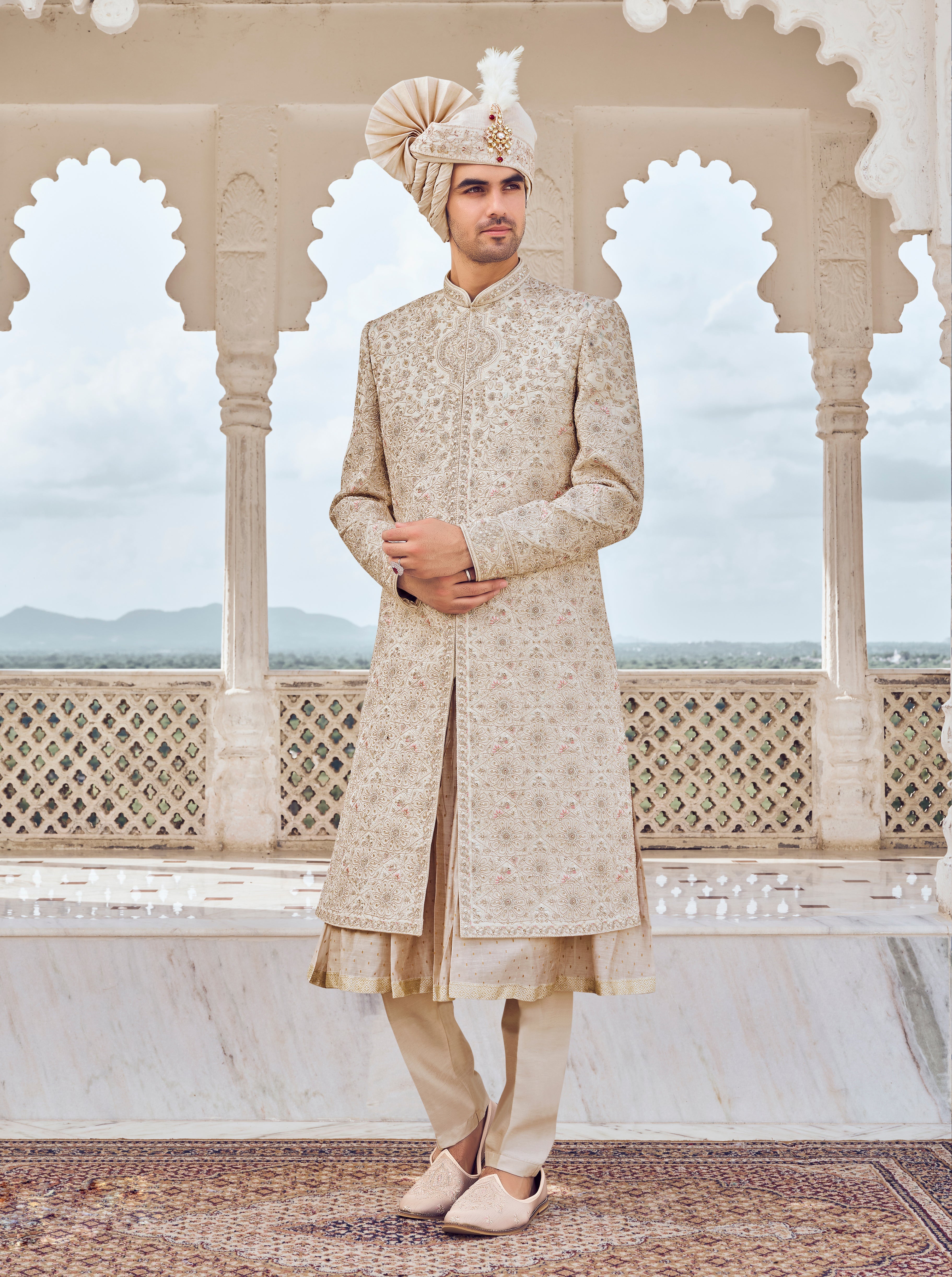 Beige Sherwani with Resham Thread, Aari & Pearl Work