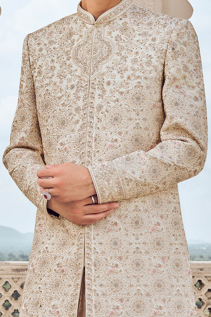 Beige Sherwani with Resham Thread, Aari & Pearl Work