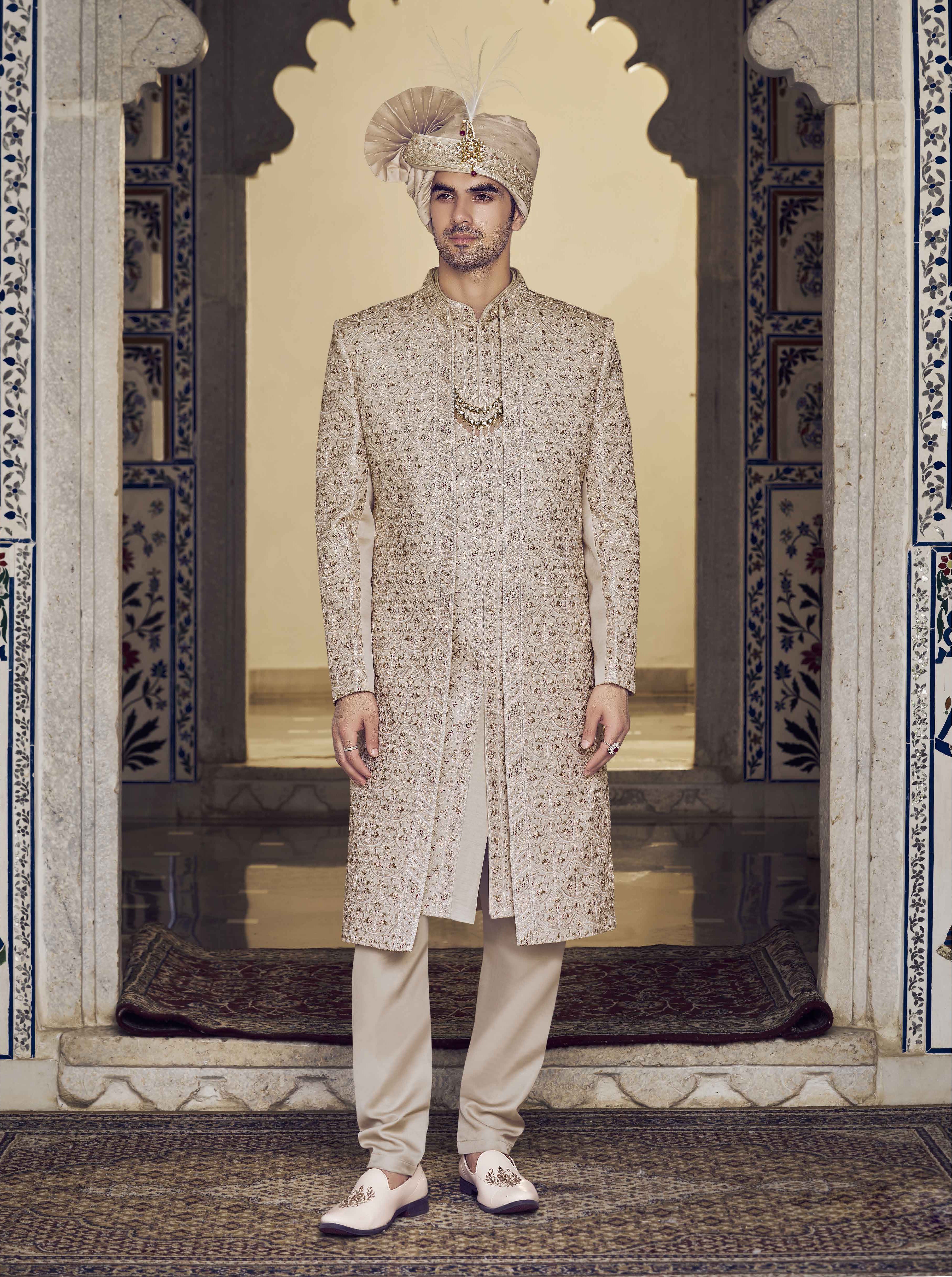 Beige Indo Western Sherwani with Aari & Sequence Work