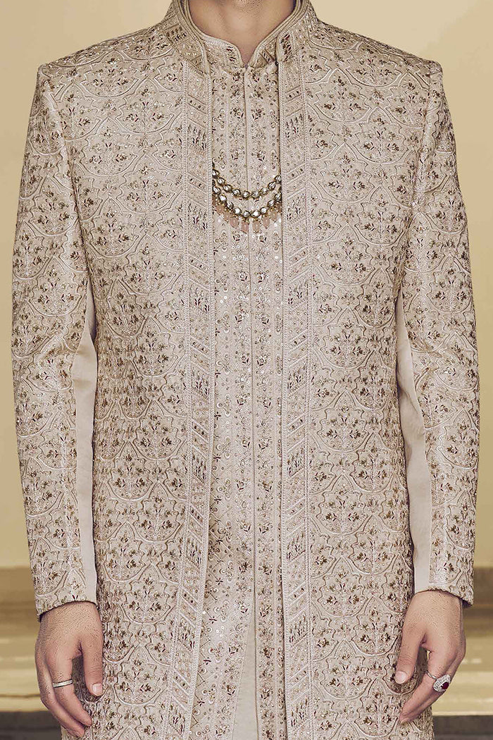 Beige Indo Western Sherwani with Aari & Sequence Work