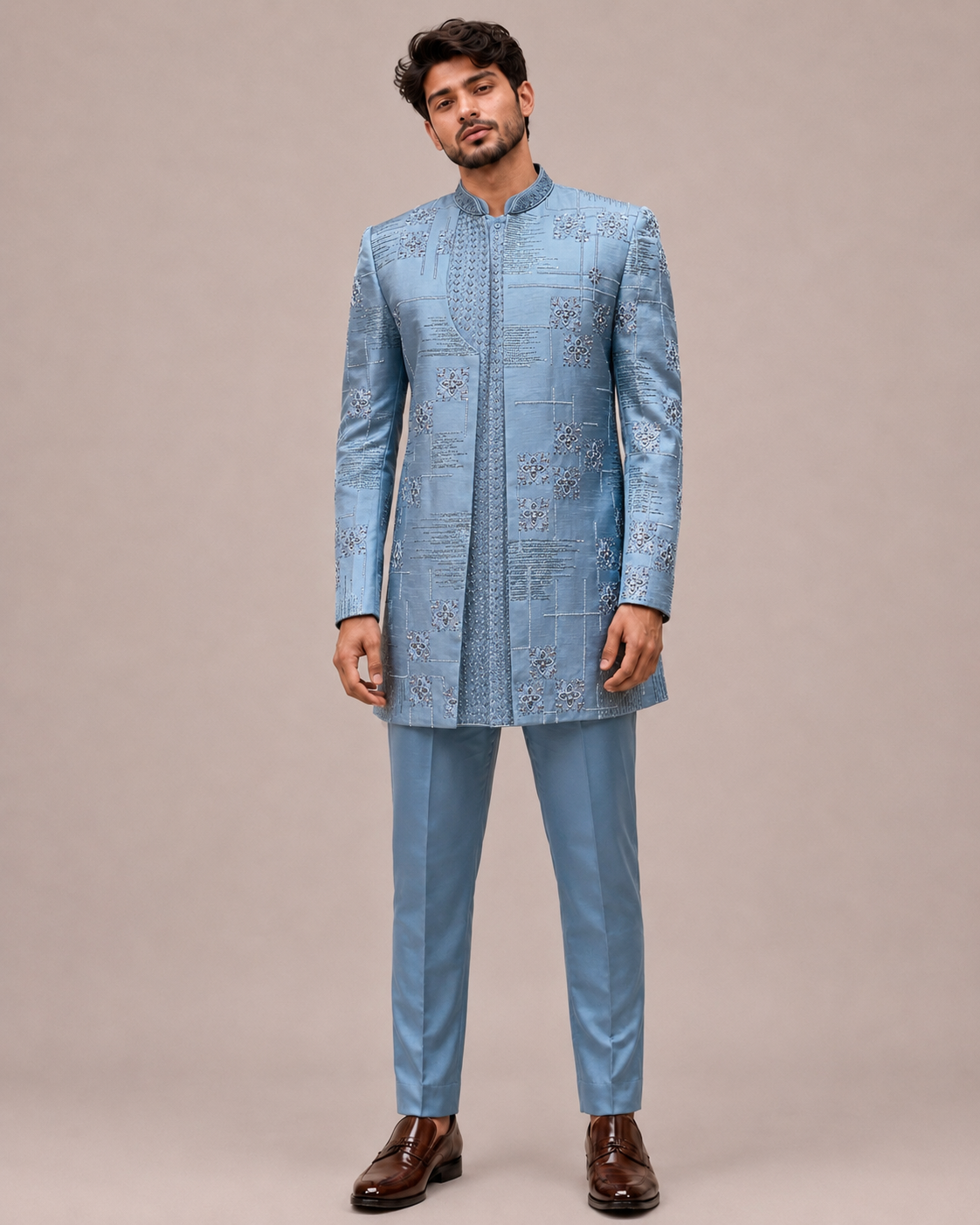 Cyan Green Slub Satin Indo Western for Men with Hand Work