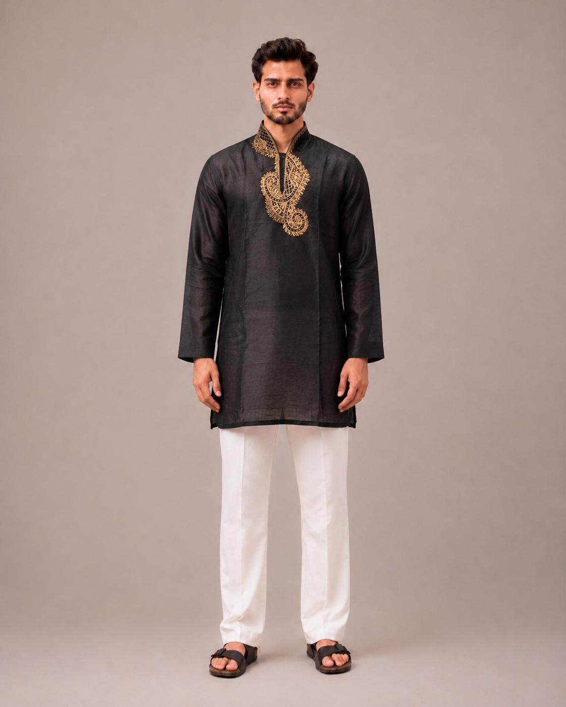 Black Linen Silk Kurta Top with Hand Work