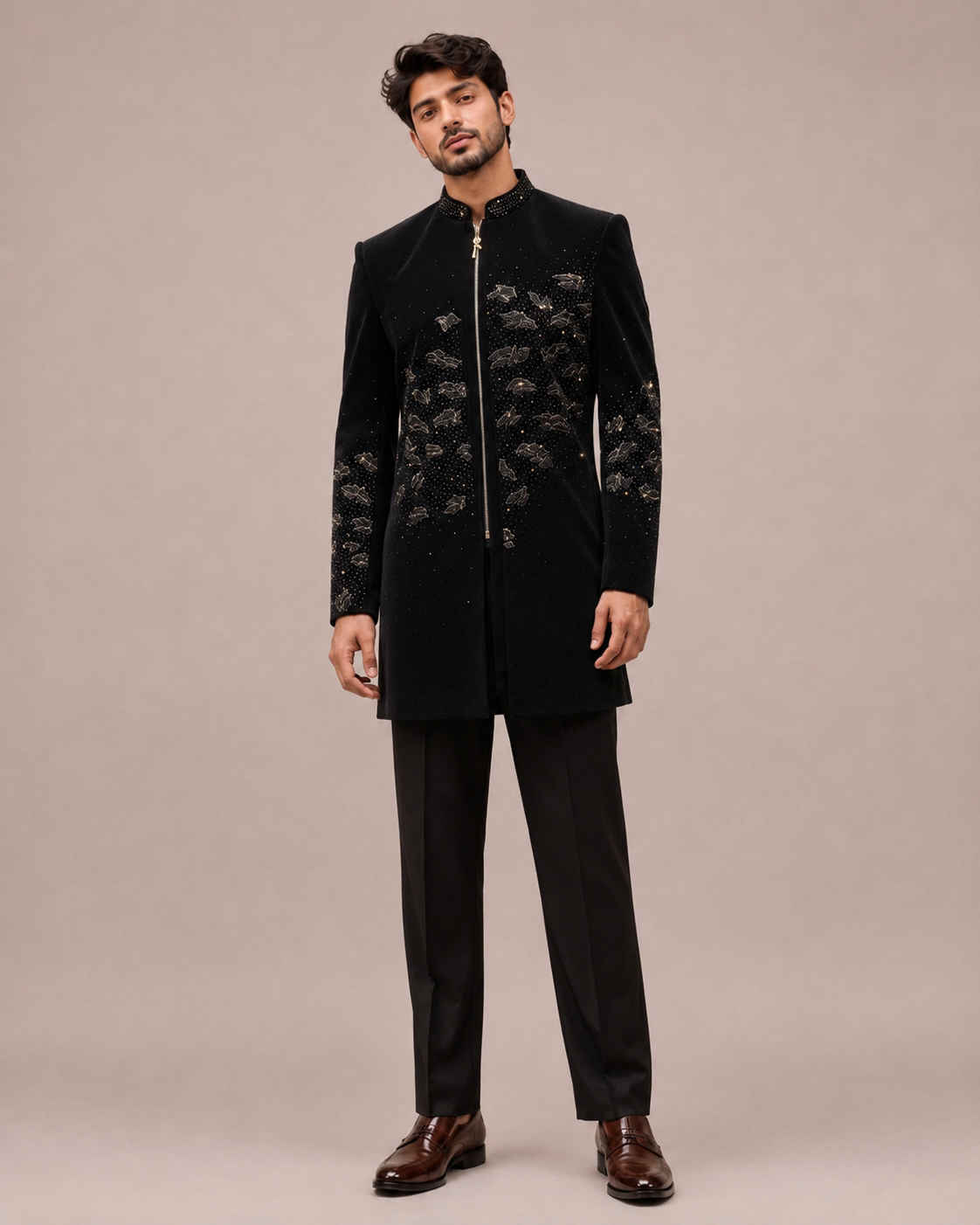 Black Velvet Front Open Indo Western with Peach and Hand Work