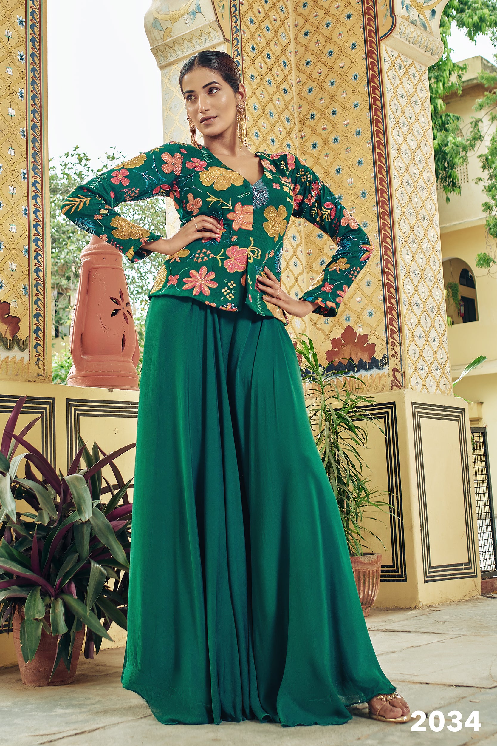 Dark Green Floral Short Jacket Set - Shreeman