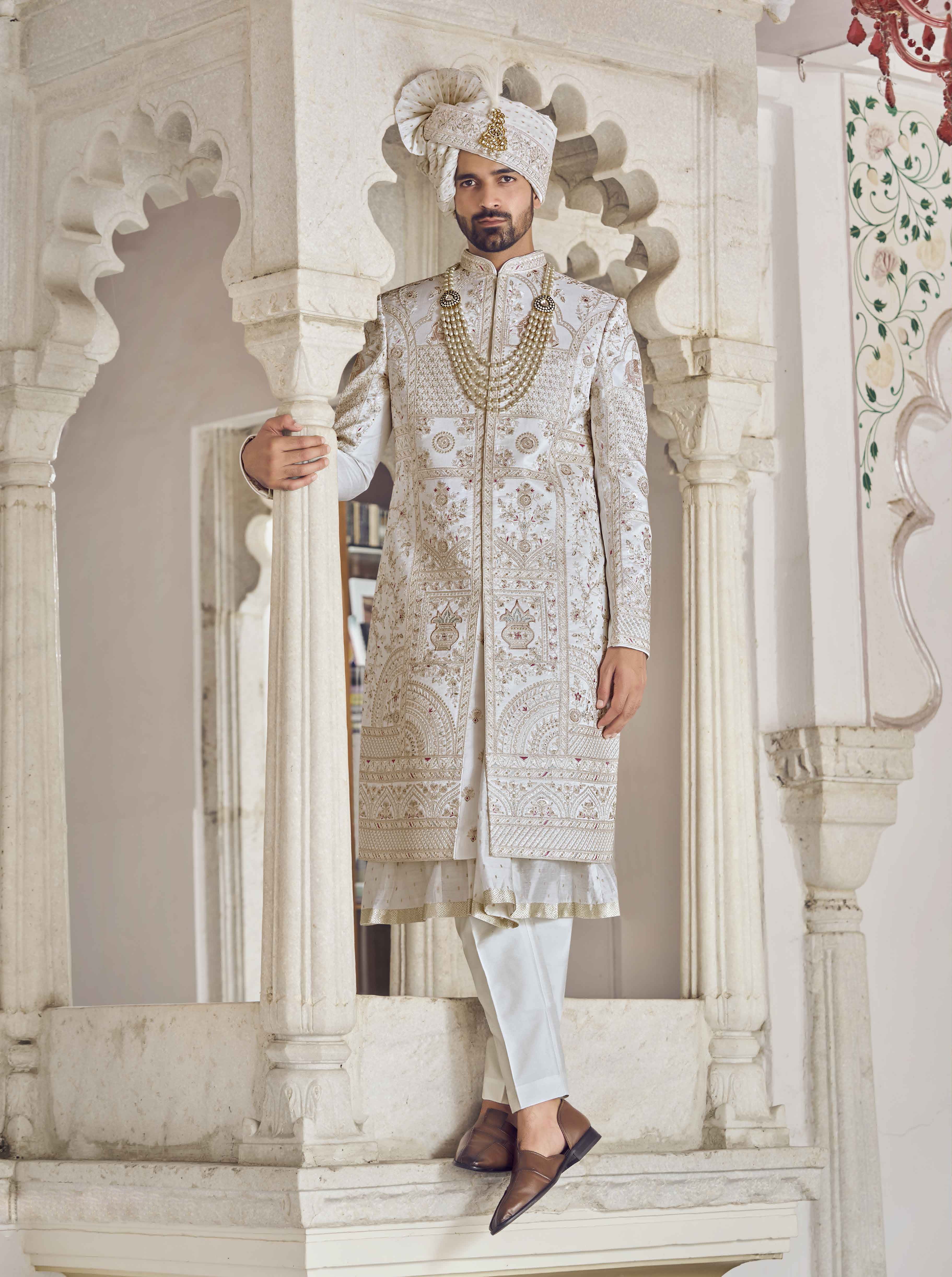 Off White Sherwani with Khat Work, Aari & Sequence Work