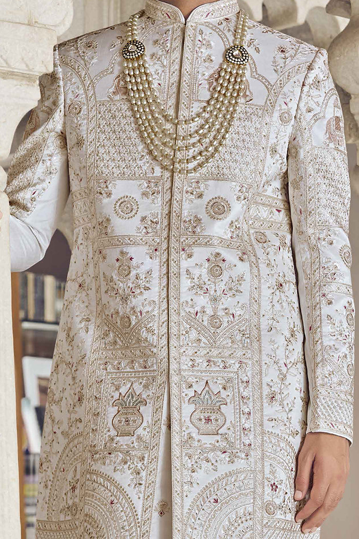 Off White Sherwani with Khat Work, Aari & Sequence Work