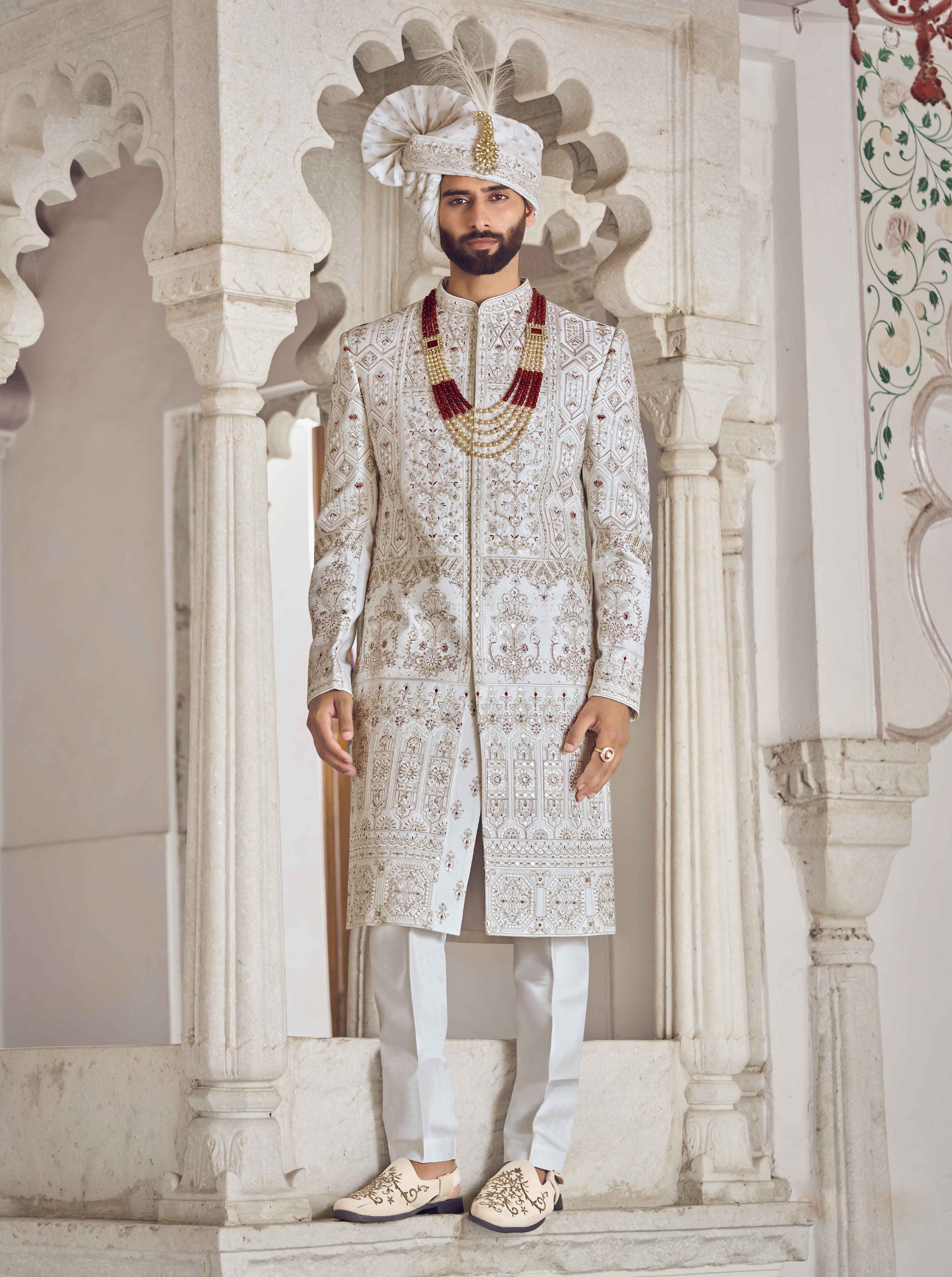 White Sherwani with Khat Work, Aari & Sequence Work