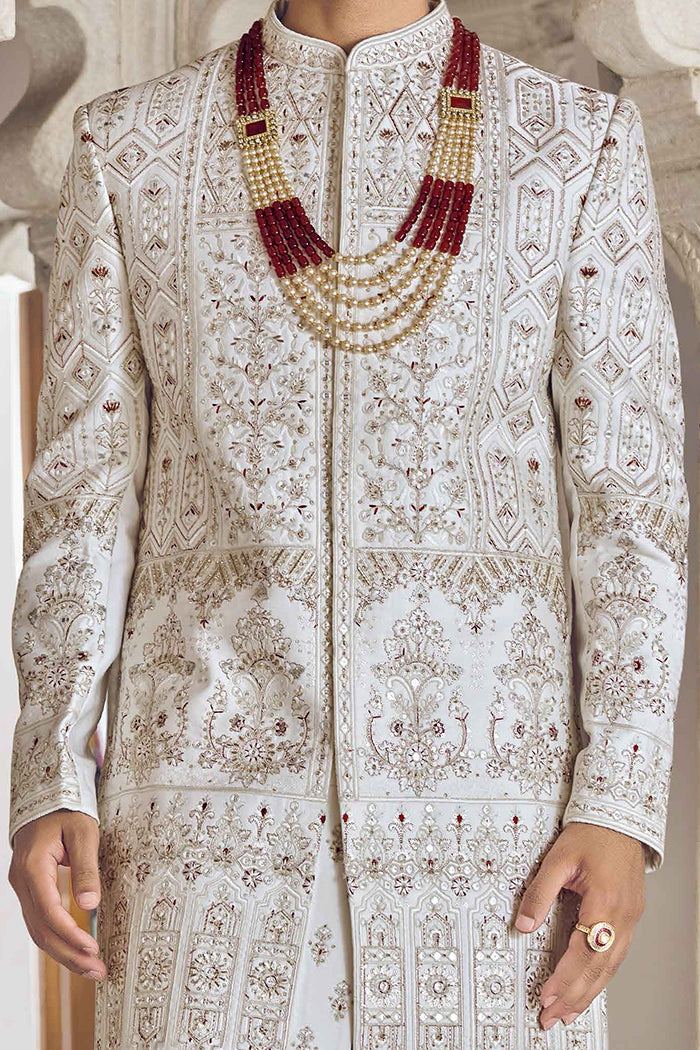 White Sherwani with Khat Work, Aari & Sequence Work