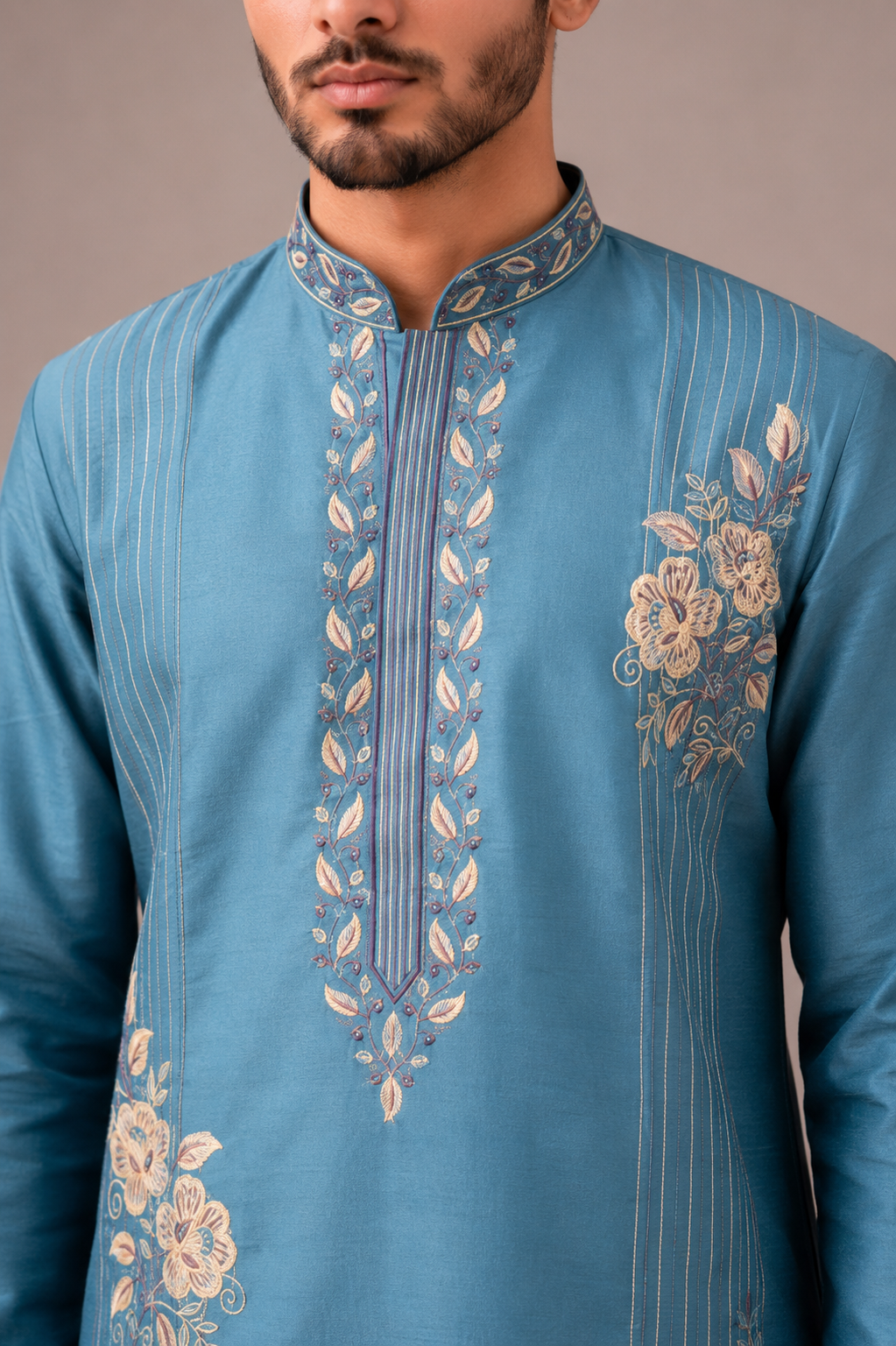 Aqua Silk Kurta Set with Machine Embroidery Work