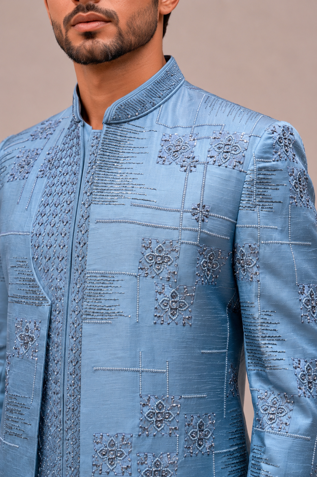 Cyan Green Slub Satin Indo Western for Men with Hand Work