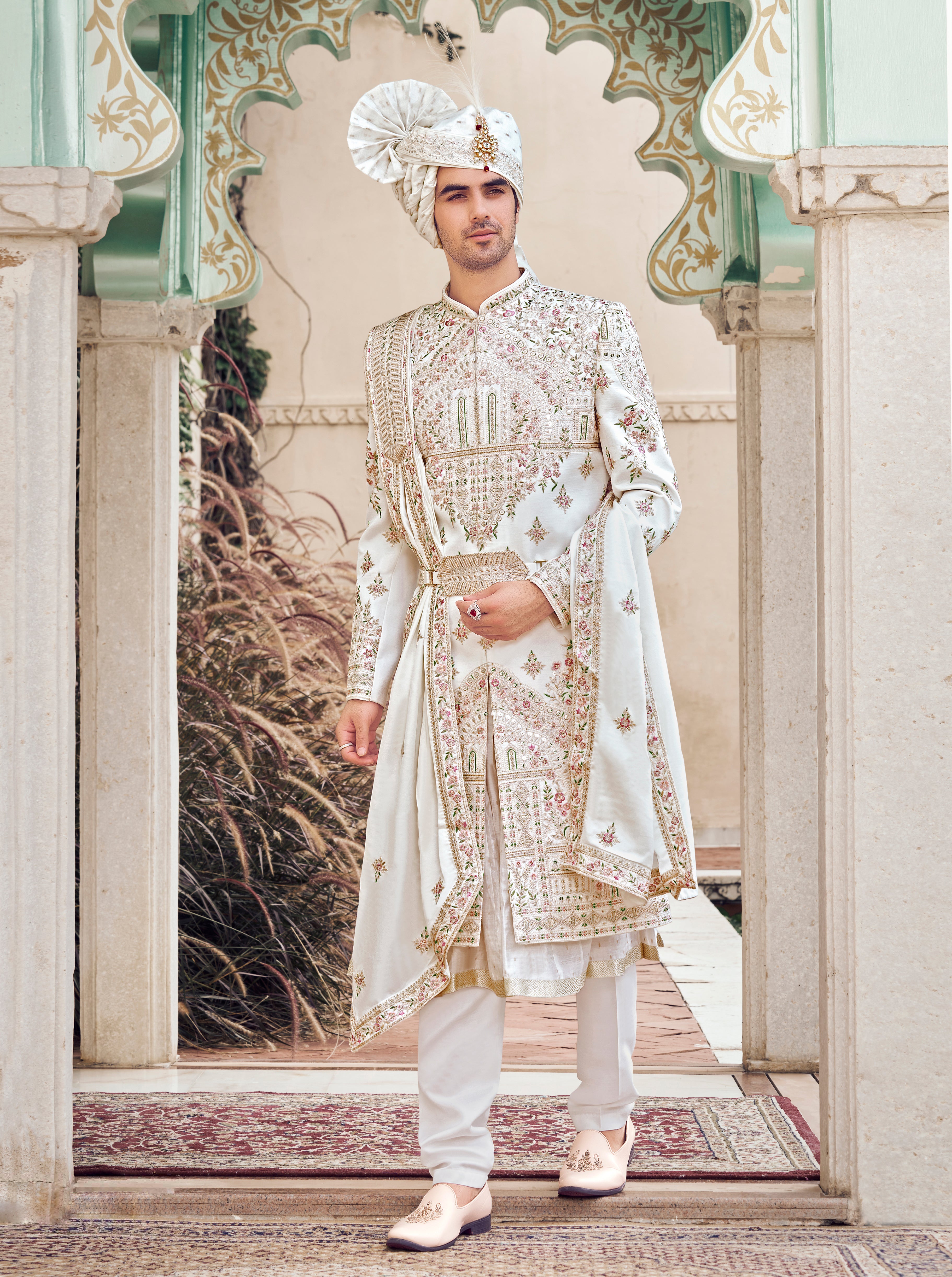 Ivory Raw Silk Sherwani with Resham work, Zardosi, and Hand Work