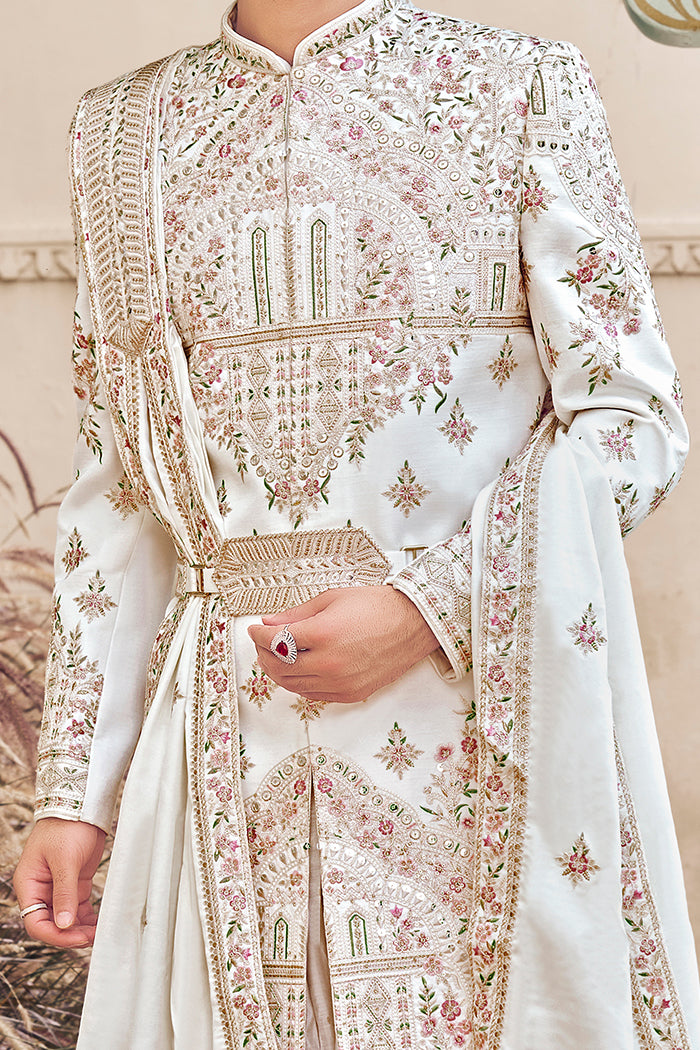 Ivory Raw Silk Sherwani with Resham work, Zardosi, and Hand Work