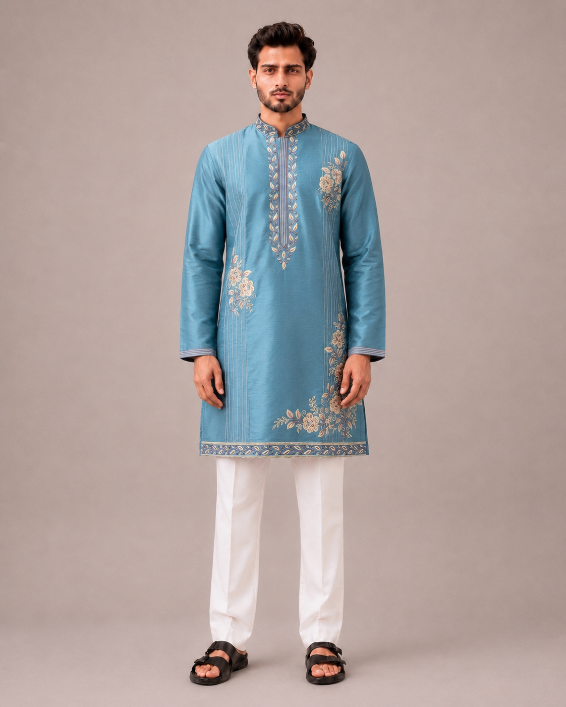 Aqua Silk Kurta Set with Machine Embroidery Work