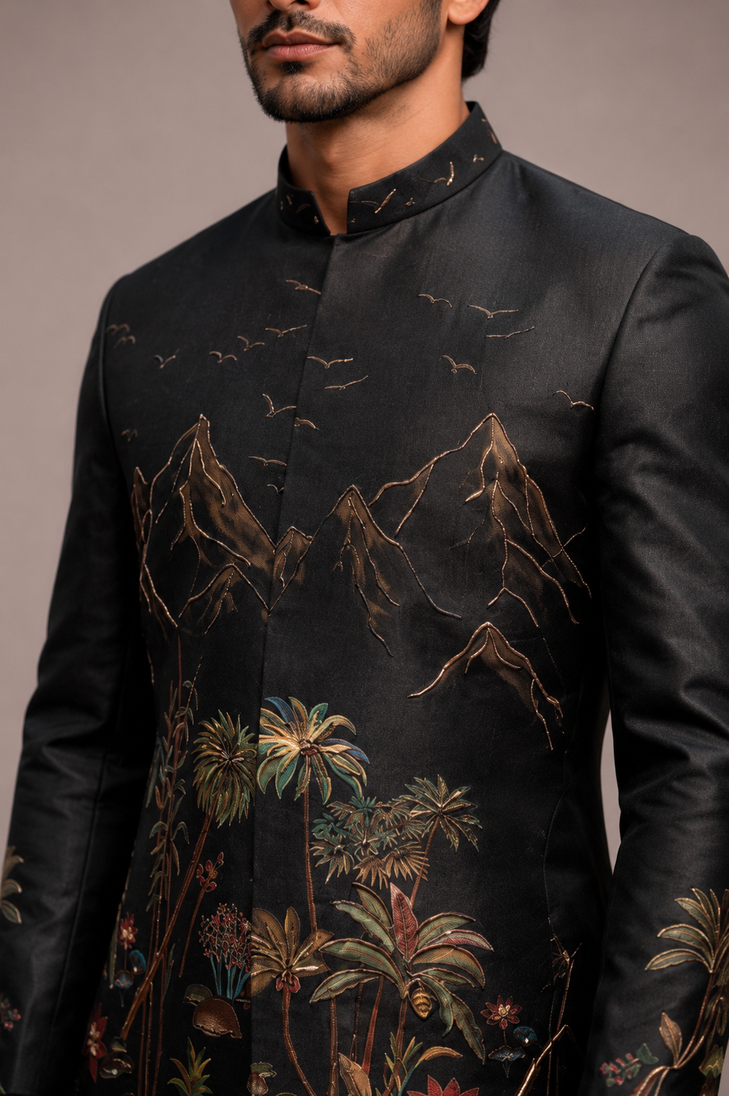 Black Silk Jodhpuri Set with Hand Print and Hand Embroidery Work