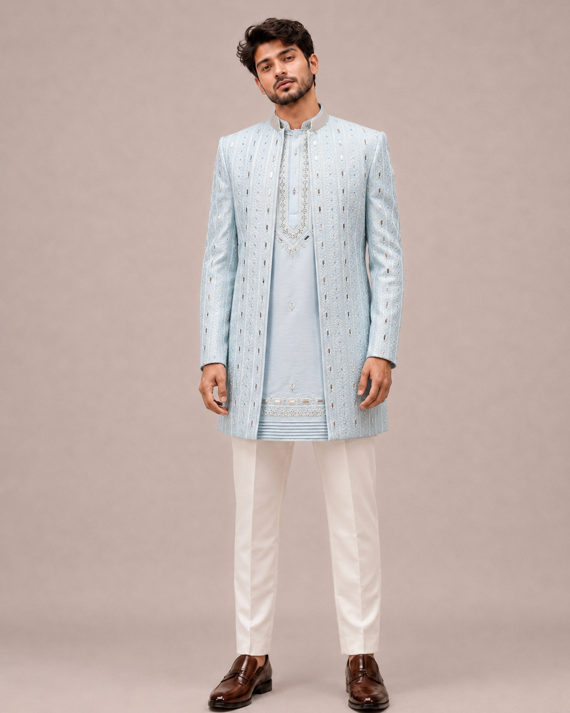 Sky Blue Silk Indo Western for Men with Mirror, Machine and Hand Work