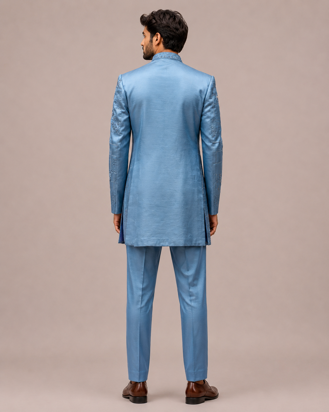 Cyan Green Slub Satin Indo Western for Men with Hand Work