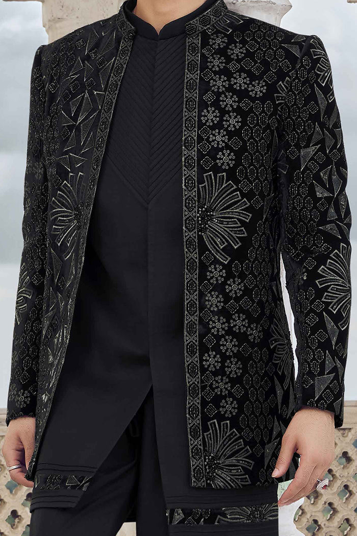 Black Velvet Indo Western with Silver Thread and Sequence Work