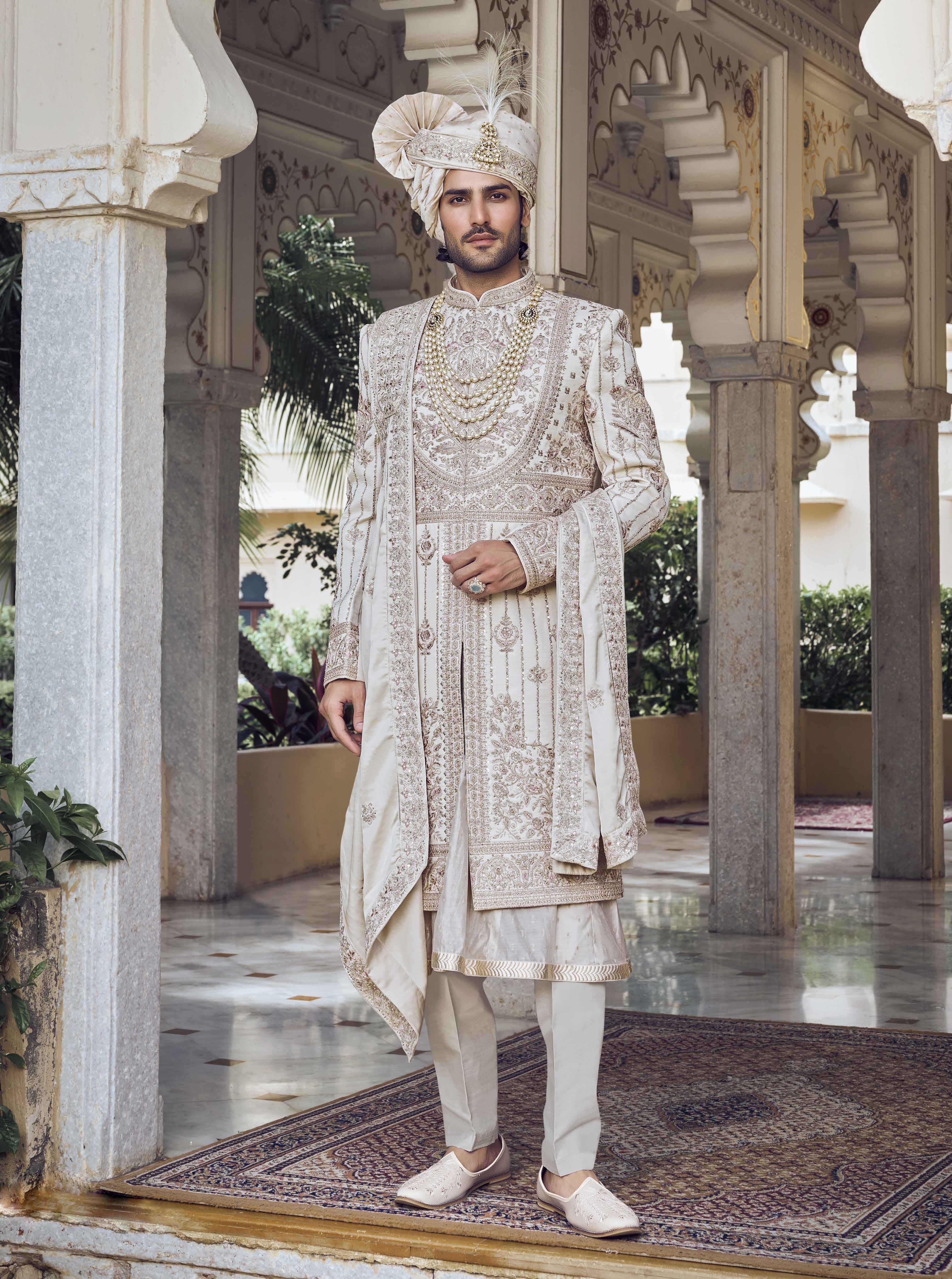 Ivory Raw Silk Sherwani with Multi-Color Resham and Zardosi Work