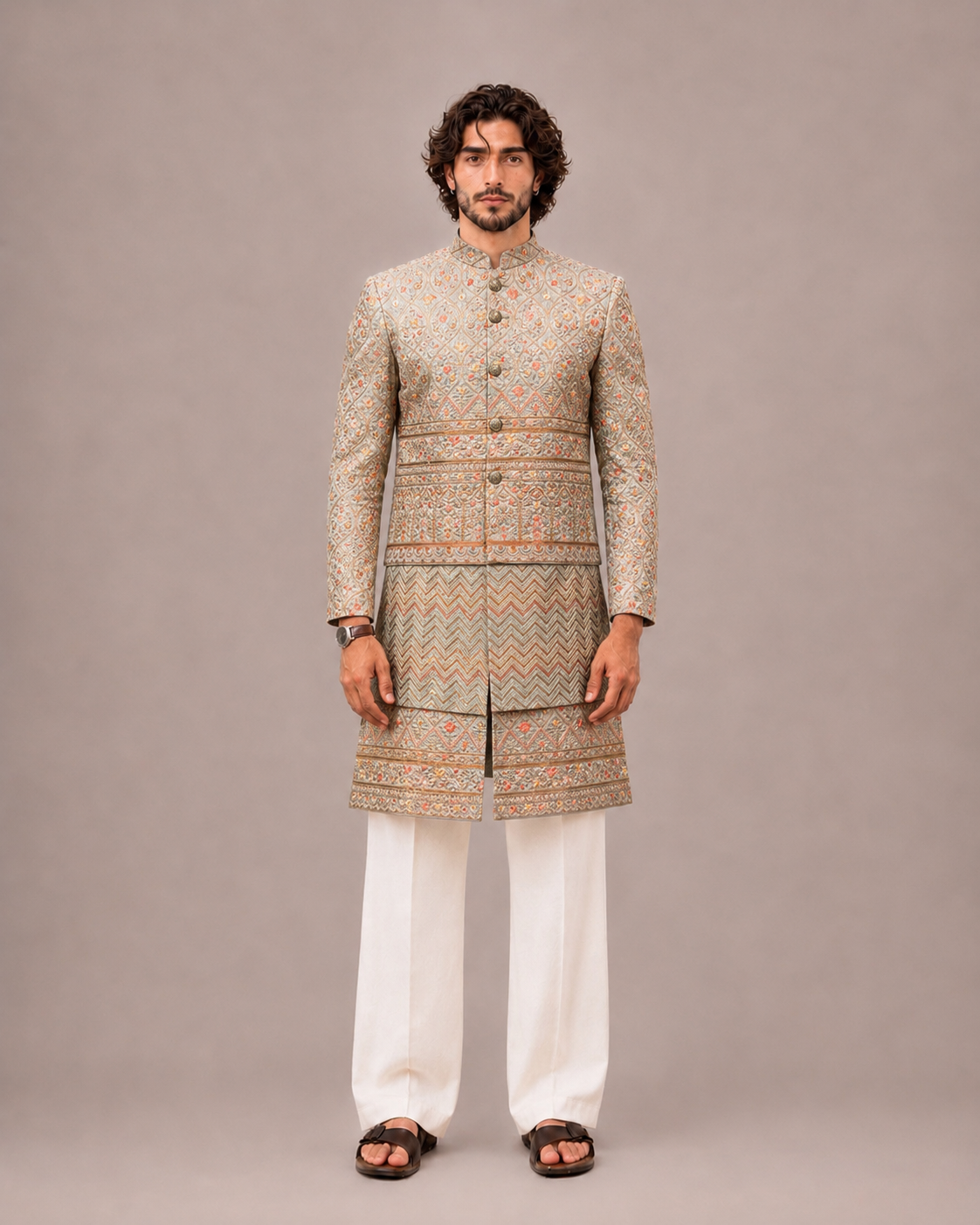 C Green Silk Sherwani with Machine Work