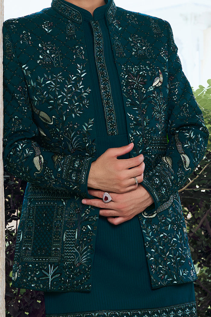 Teal Blue Raw Silk Indo Western with Thread and Sequence Work