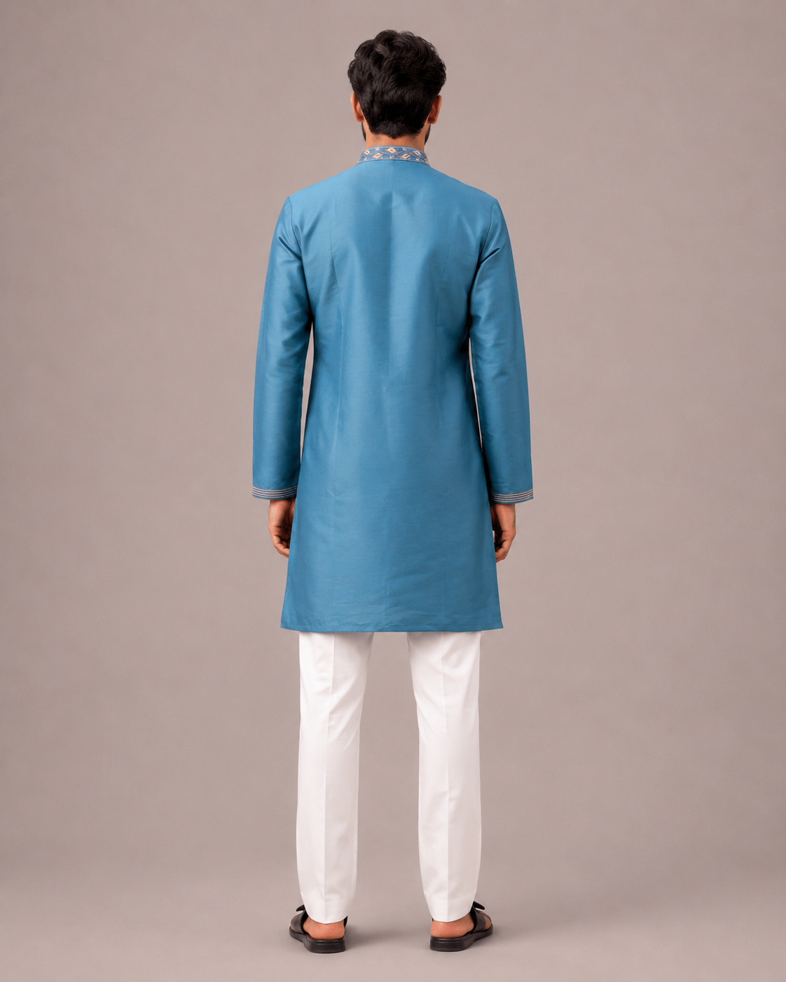 Aqua Silk Kurta Set with Machine Embroidery Work