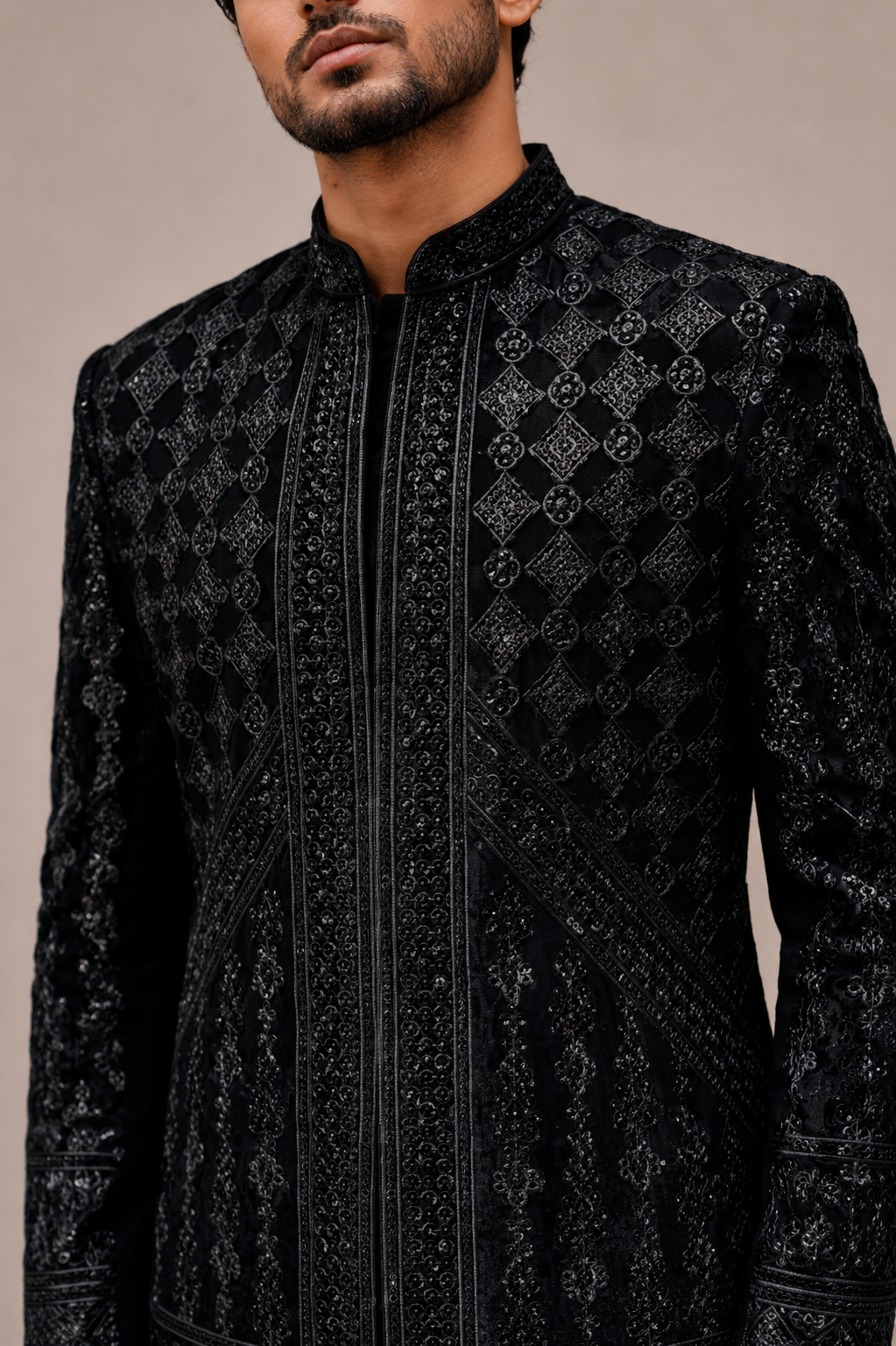 Black Velvet Front Open Indo Western with Cutdana and Velvet Machine Work
