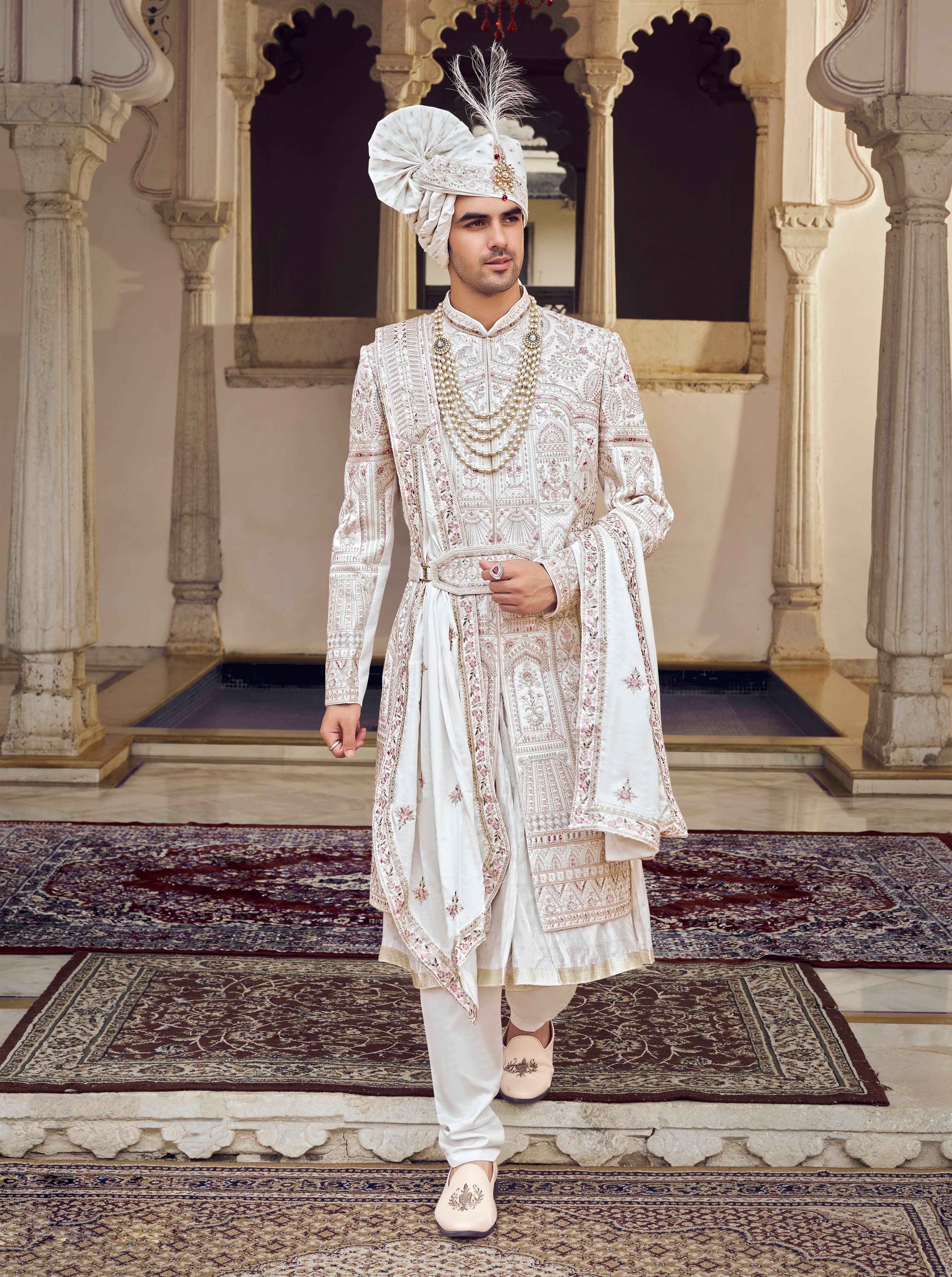 Ivory Raw Silk Sherwani with Thread and Hand Embroidery